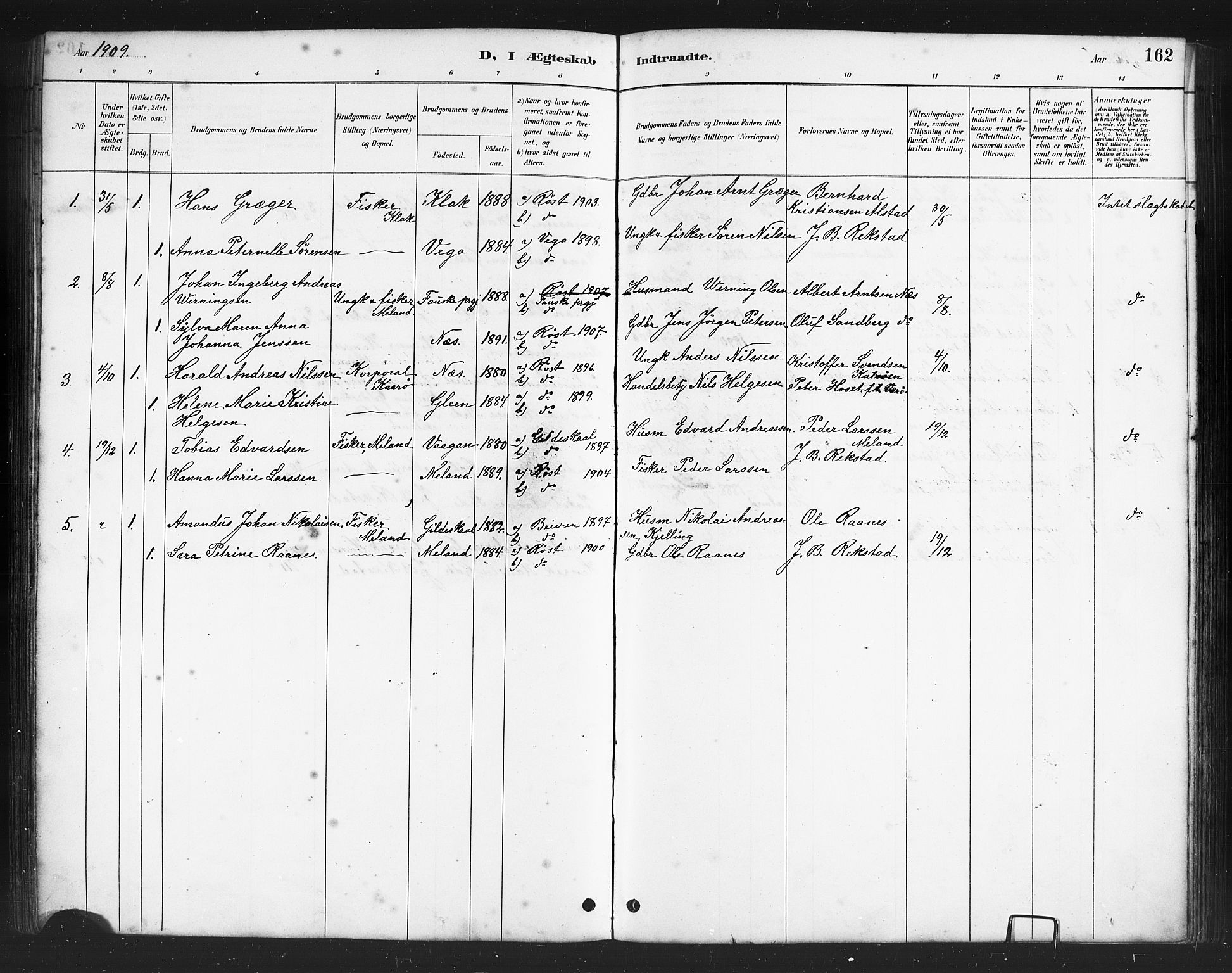 Ministerialprotokoller, klokkerbøker og fødselsregistre - Nordland, AV/SAT-A-1459/808/L0131: Parish register (copy) no. 808C02, 1879-1919, p. 162