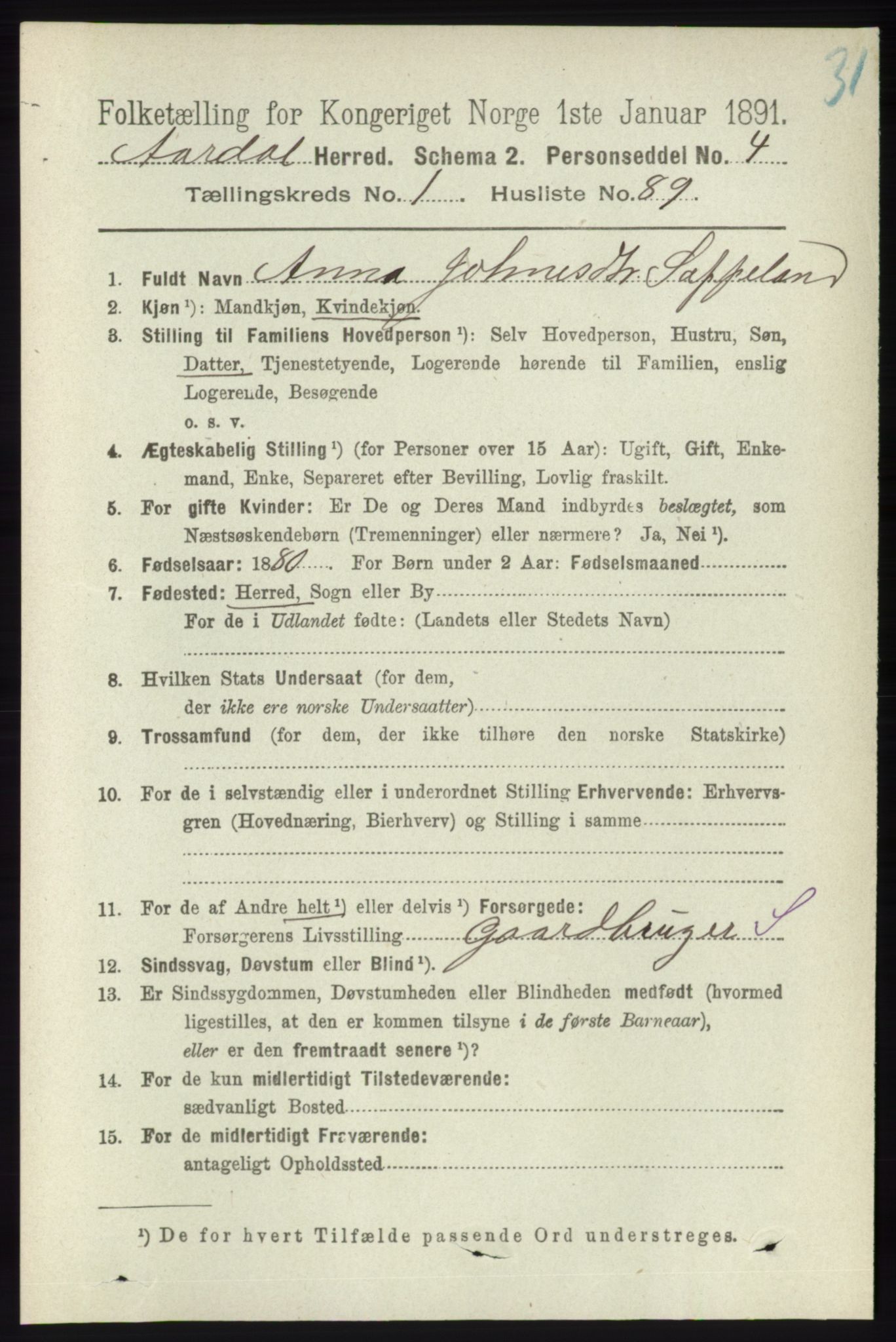 RA, 1891 census for 1131 Årdal, 1891, p. 523