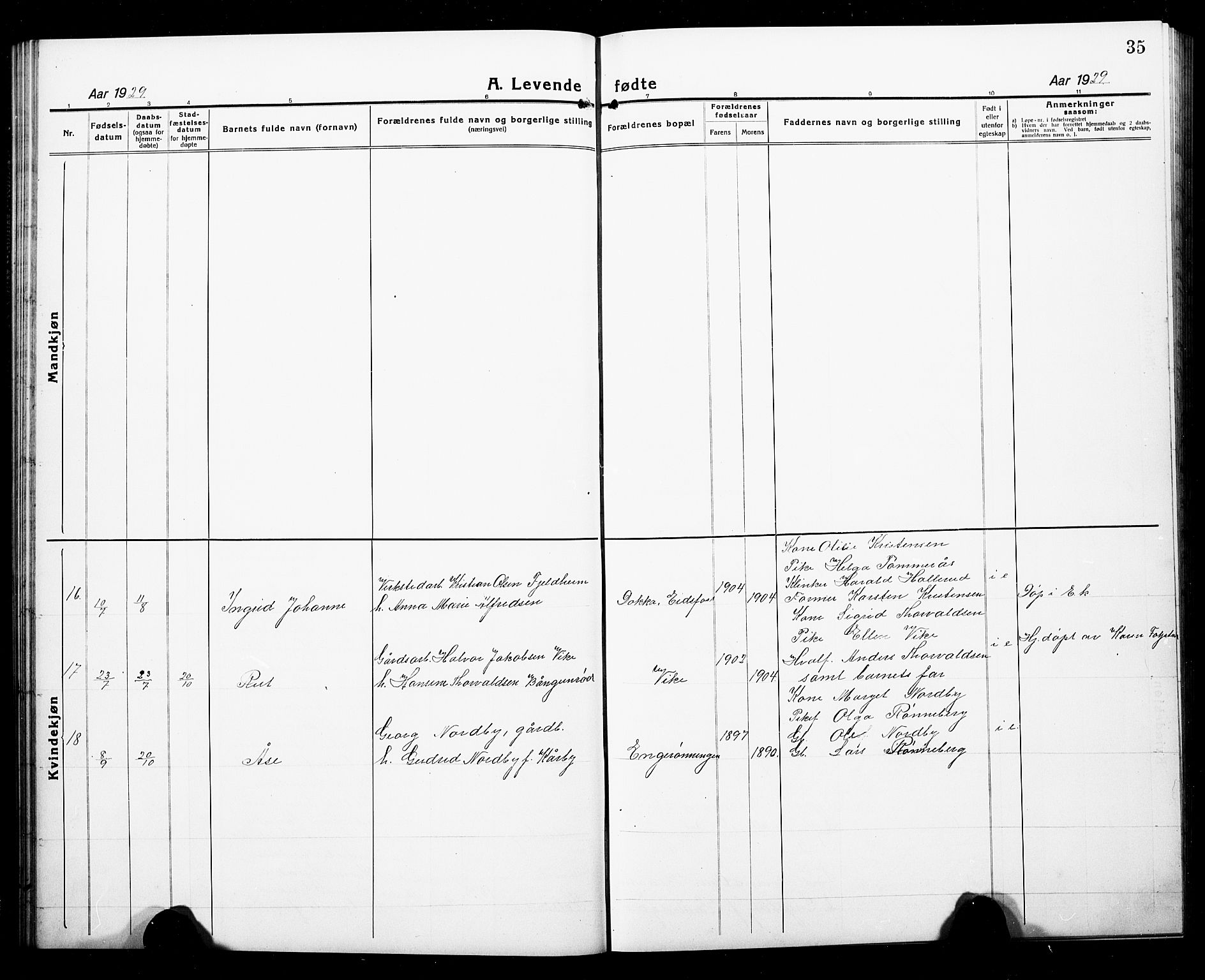 Hof kirkebøker, AV/SAKO-A-64/G/Ga/L0006: Parish register (copy) no. I 6, 1922-1930, p. 35