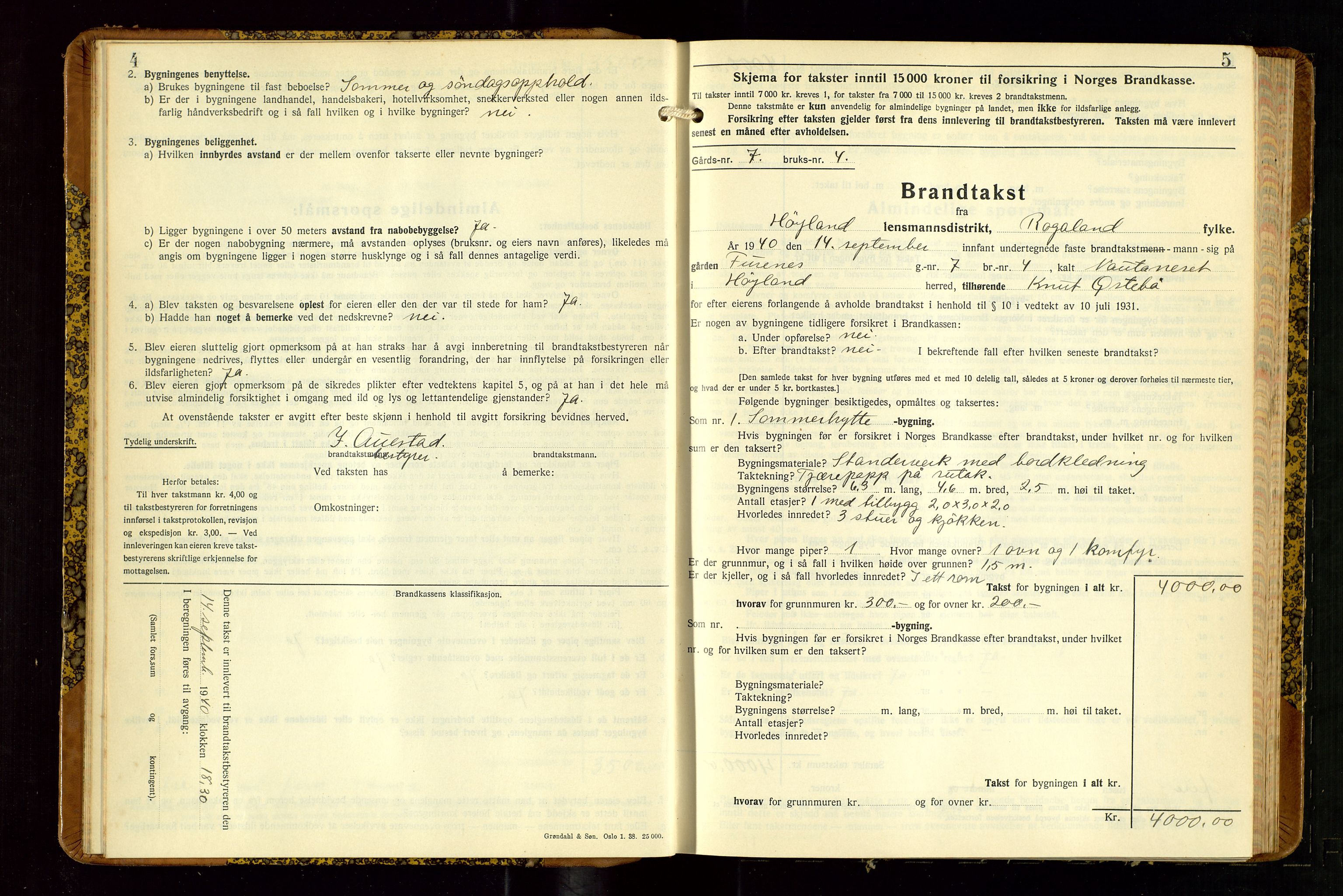 Høyland/Sandnes lensmannskontor, AV/SAST-A-100166/Gob/L0008: "Branntakstprotokoll", 1940-1952, p. 4-5