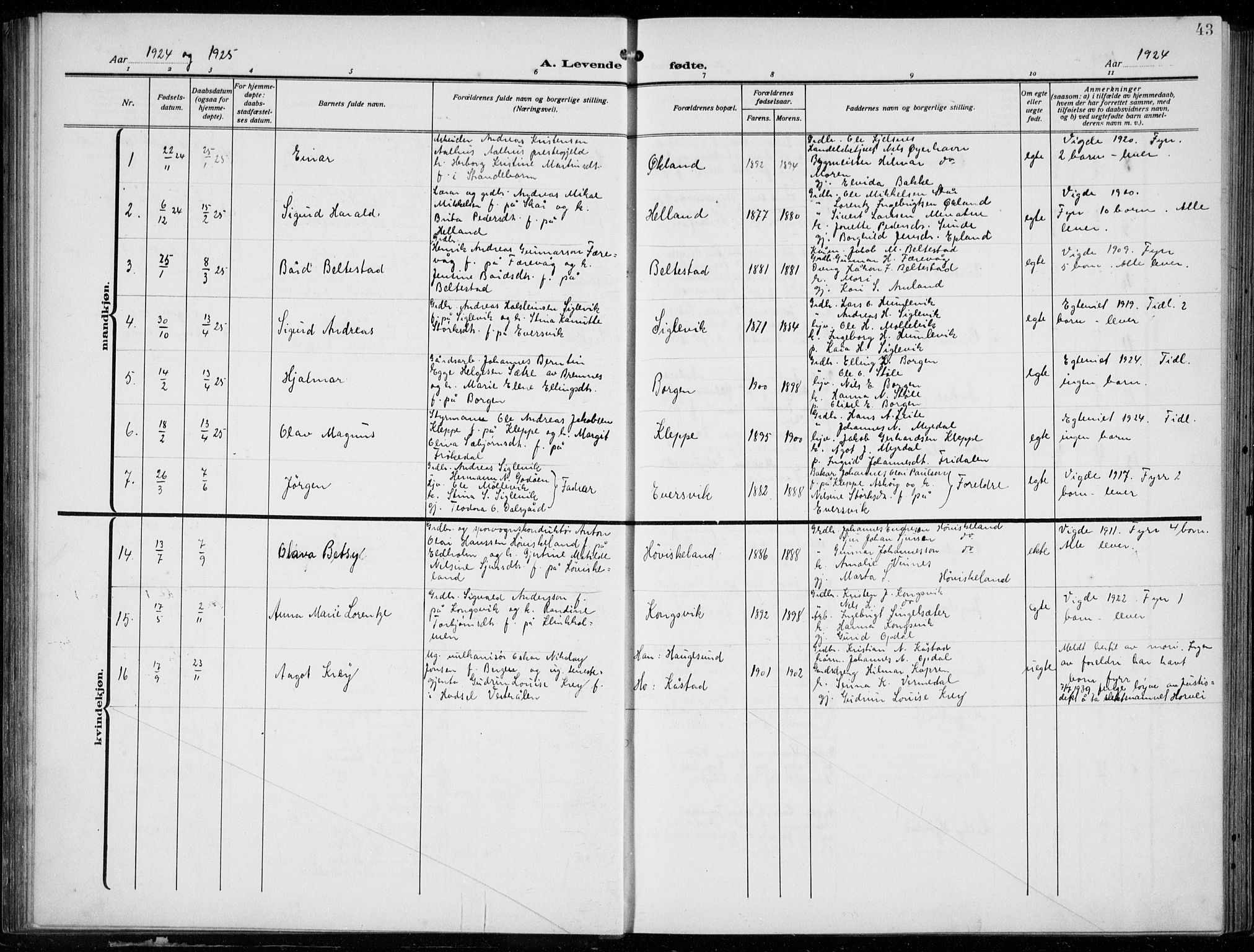 Tysnes sokneprestembete, AV/SAB-A-78601/H/Hab: Parish register (copy) no. E  4, 1912-1936, p. 43