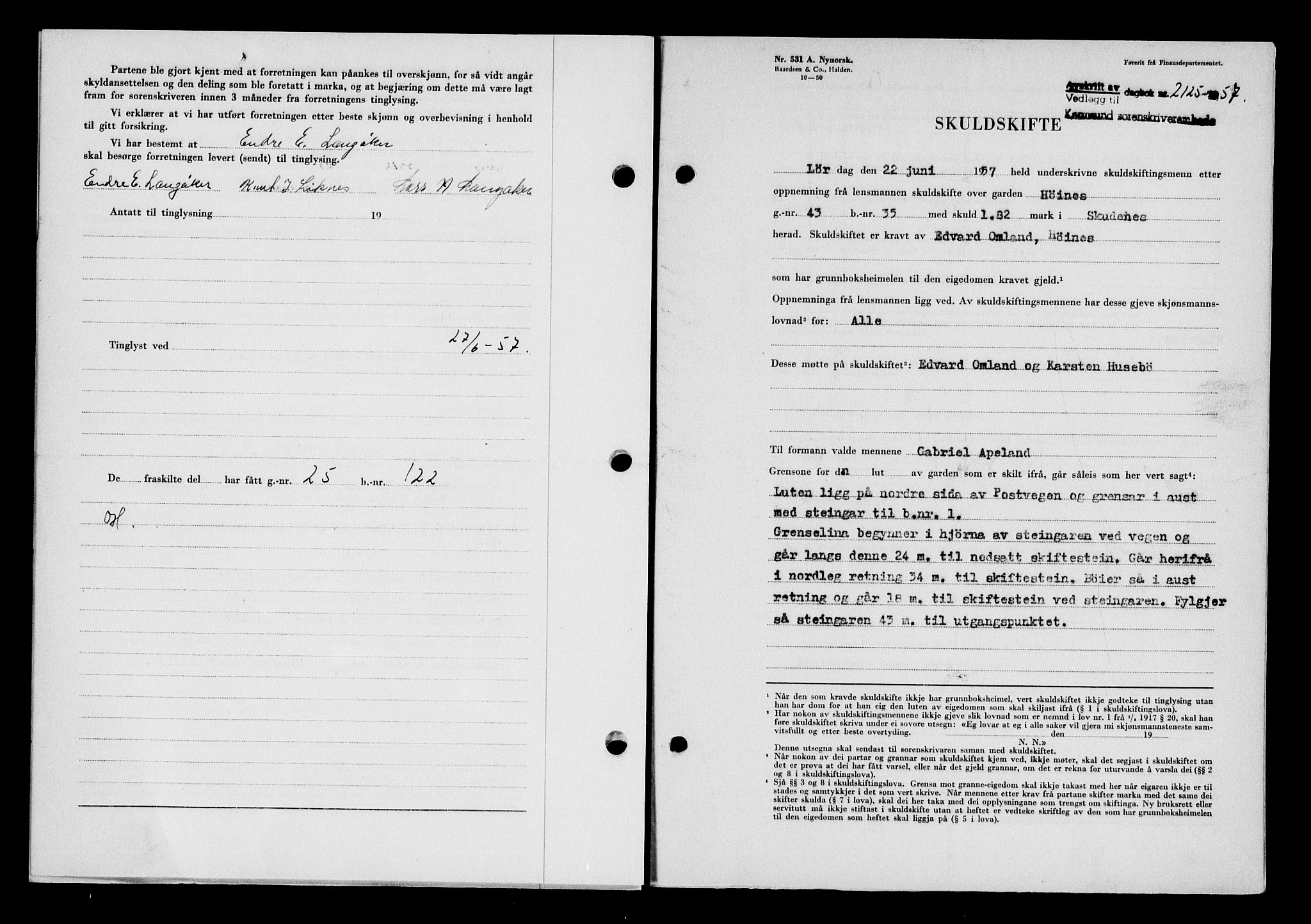 Karmsund sorenskriveri, AV/SAST-A-100311/01/II/IIB/L0125: Mortgage book no. 105A, 1957-1957, Diary no: : 2125/1957