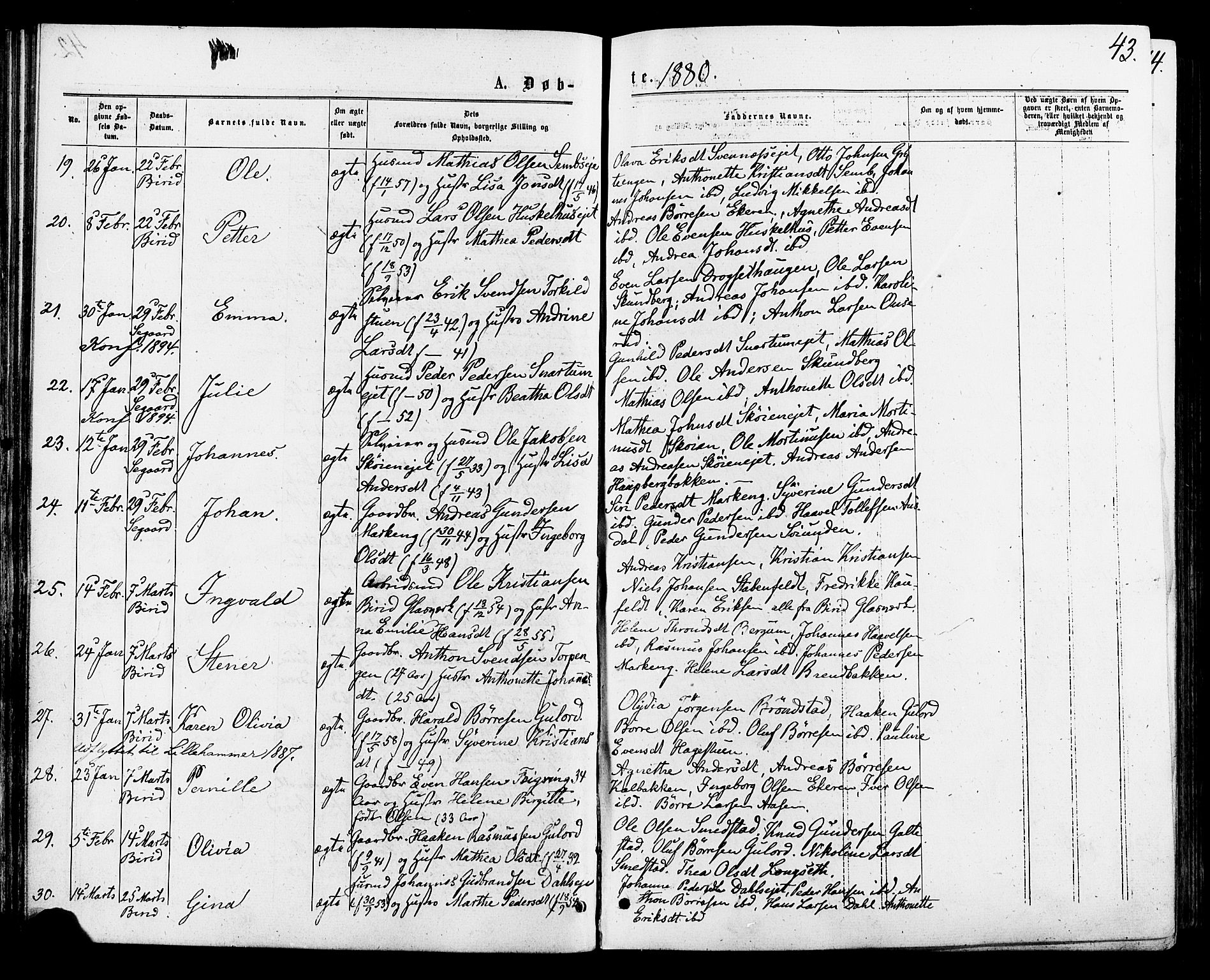 Biri prestekontor, AV/SAH-PREST-096/H/Ha/Haa/L0006: Parish register (official) no. 6, 1877-1886, p. 43