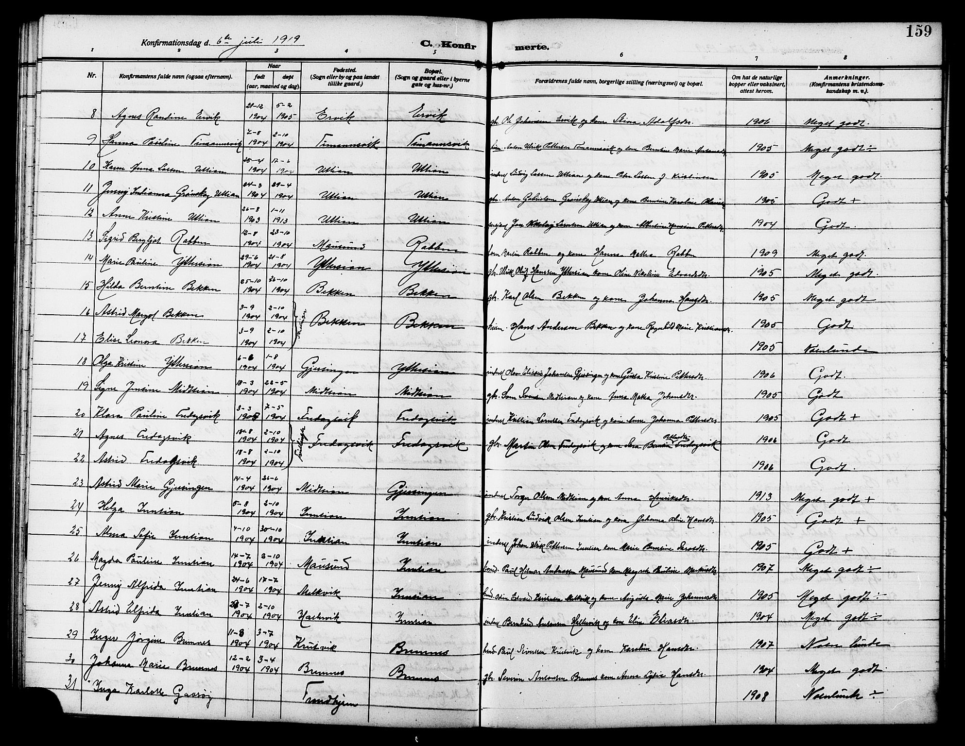 Ministerialprotokoller, klokkerbøker og fødselsregistre - Sør-Trøndelag, SAT/A-1456/640/L0588: Parish register (copy) no. 640C05, 1909-1922, p. 159