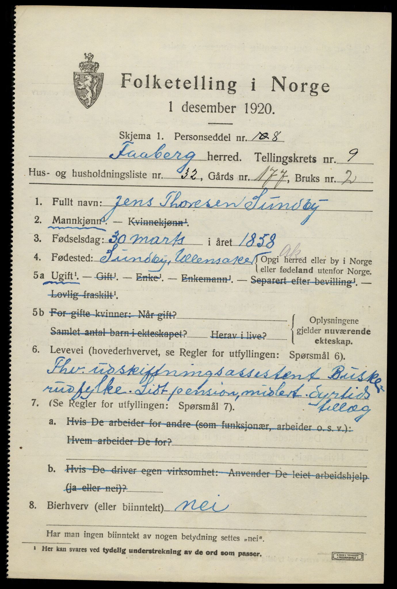 SAH, 1920 census for Fåberg, 1920, p. 10468