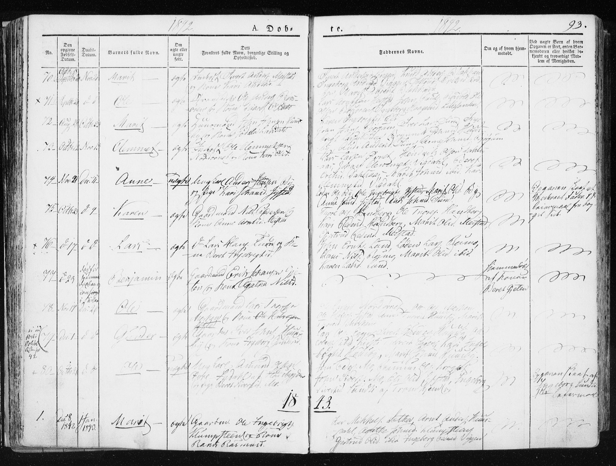 Ministerialprotokoller, klokkerbøker og fødselsregistre - Sør-Trøndelag, SAT/A-1456/665/L0771: Parish register (official) no. 665A06, 1830-1856, p. 93