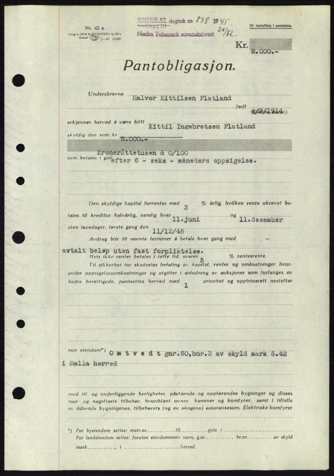 Nedre Telemark sorenskriveri, AV/SAKO-A-135/G/Ga/Gaa/L0054a: Mortgage book no. A-54a, 1945-1945, Diary no: : 808/1945