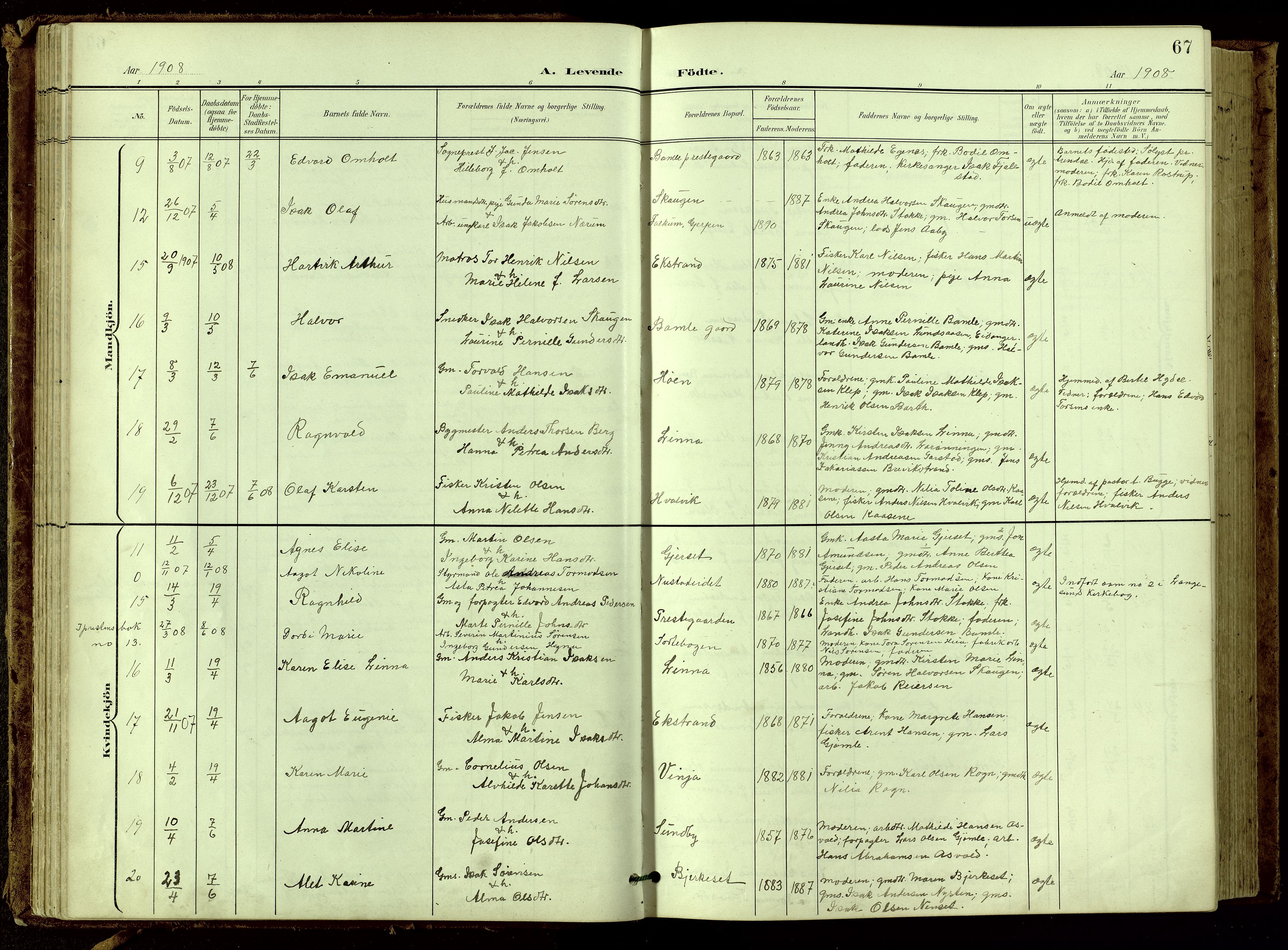 Bamble kirkebøker, SAKO/A-253/G/Ga/L0010: Parish register (copy) no. I 10, 1901-1919, p. 67