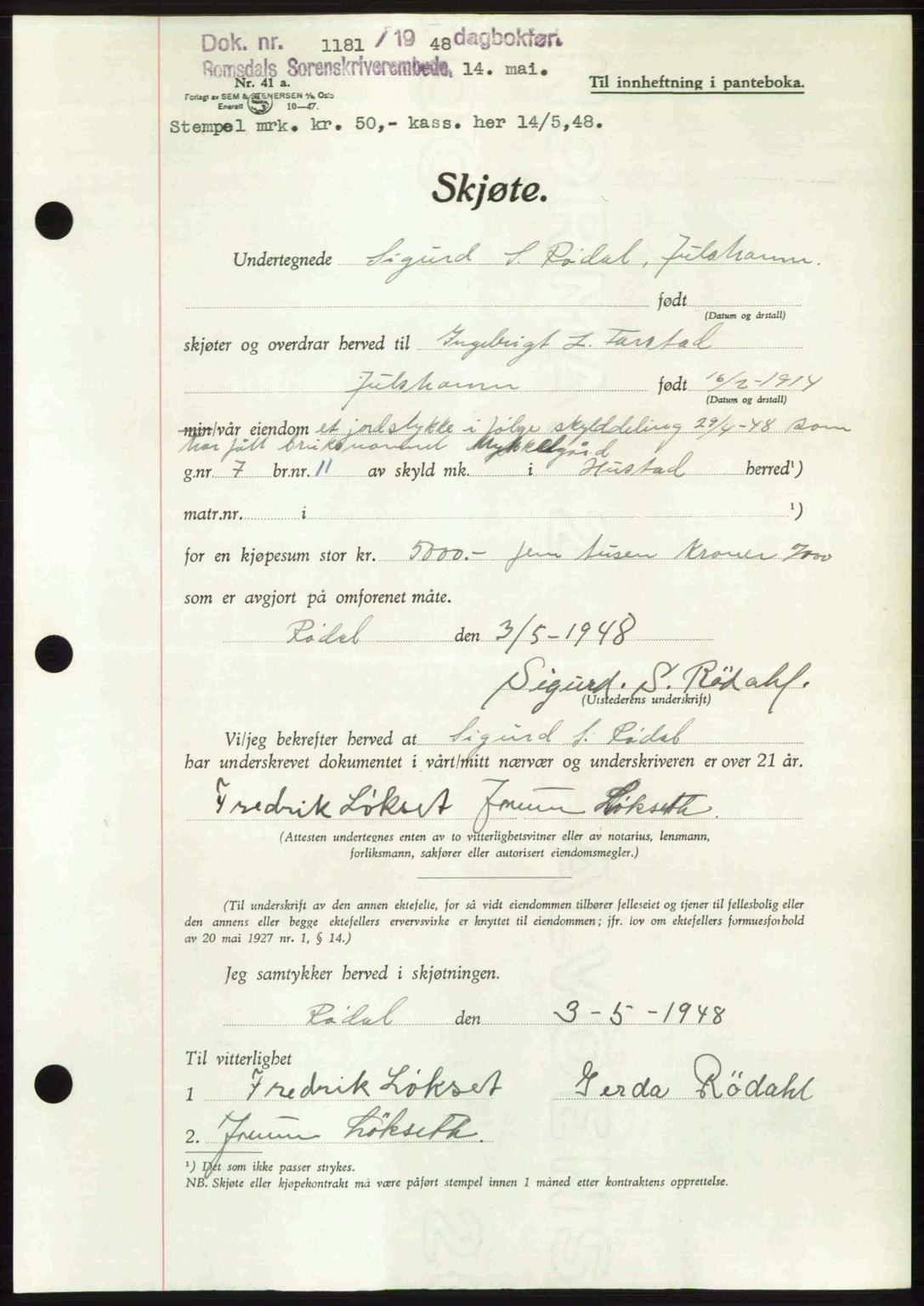 Romsdal sorenskriveri, AV/SAT-A-4149/1/2/2C: Mortgage book no. A26, 1948-1948, Diary no: : 1181/1948