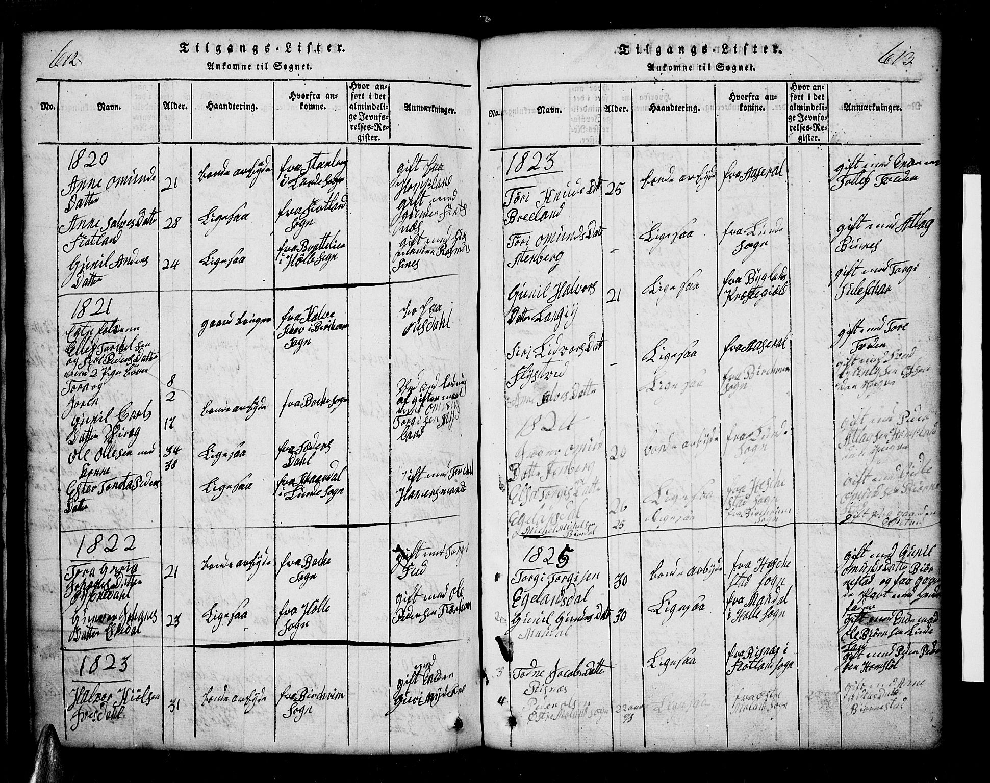 Sirdal sokneprestkontor, SAK/1111-0036/F/Fb/Fbb/L0001: Parish register (copy) no. B 1, 1815-1834, p. 612-613