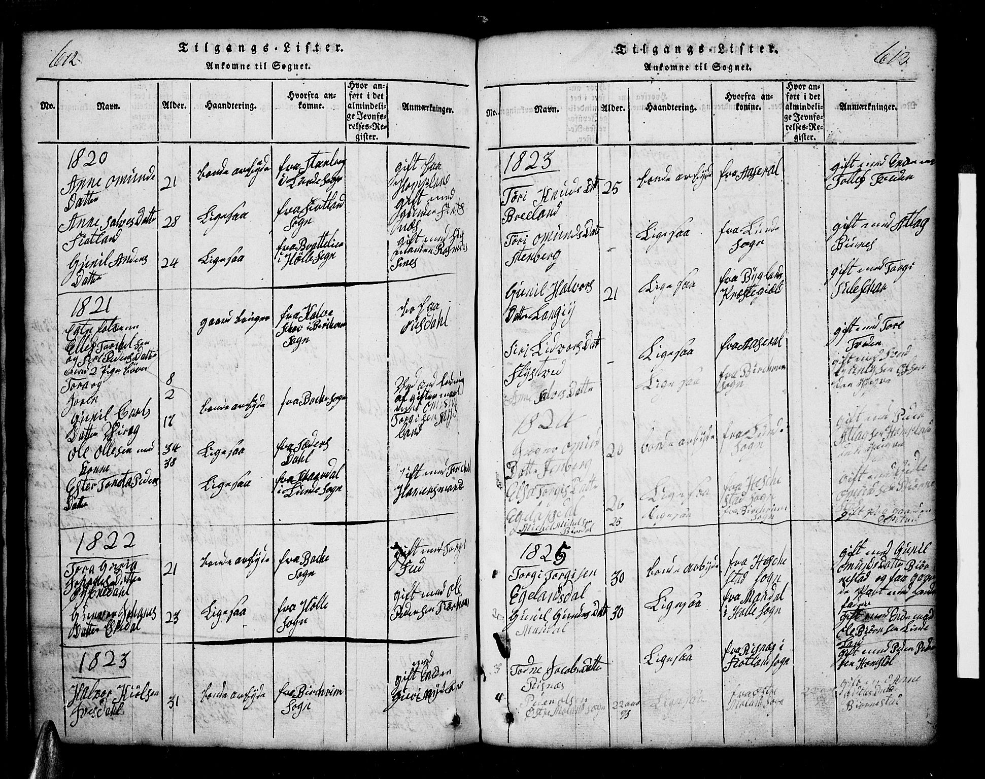 Sirdal sokneprestkontor, AV/SAK-1111-0036/F/Fb/Fbb/L0001: Parish register (copy) no. B 1, 1815-1834, p. 612-613