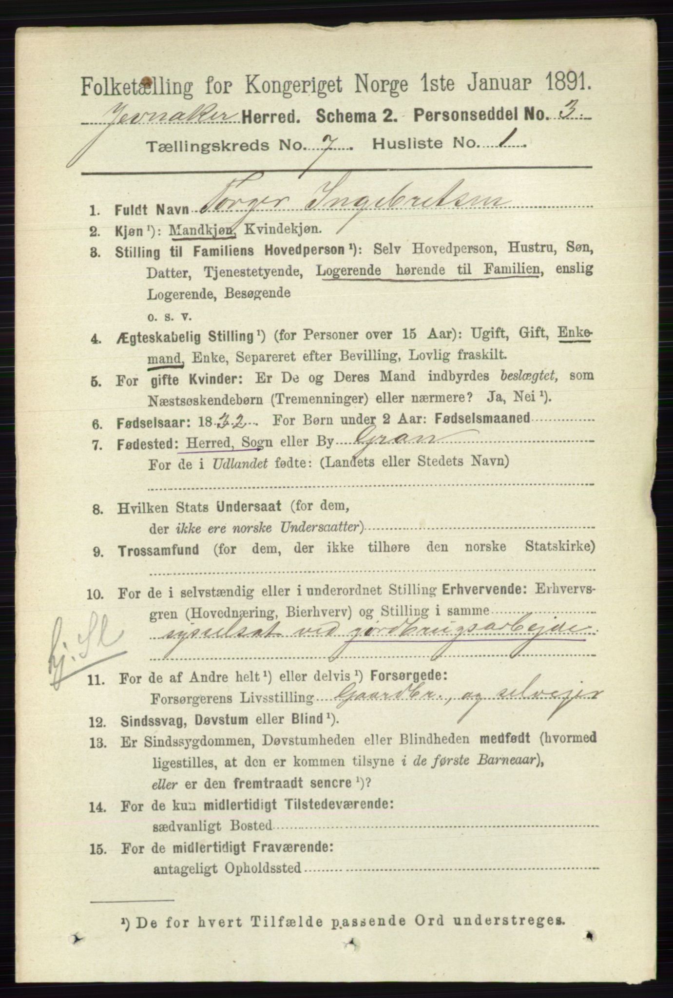 RA, 1891 census for 0532 Jevnaker, 1891, p. 3737