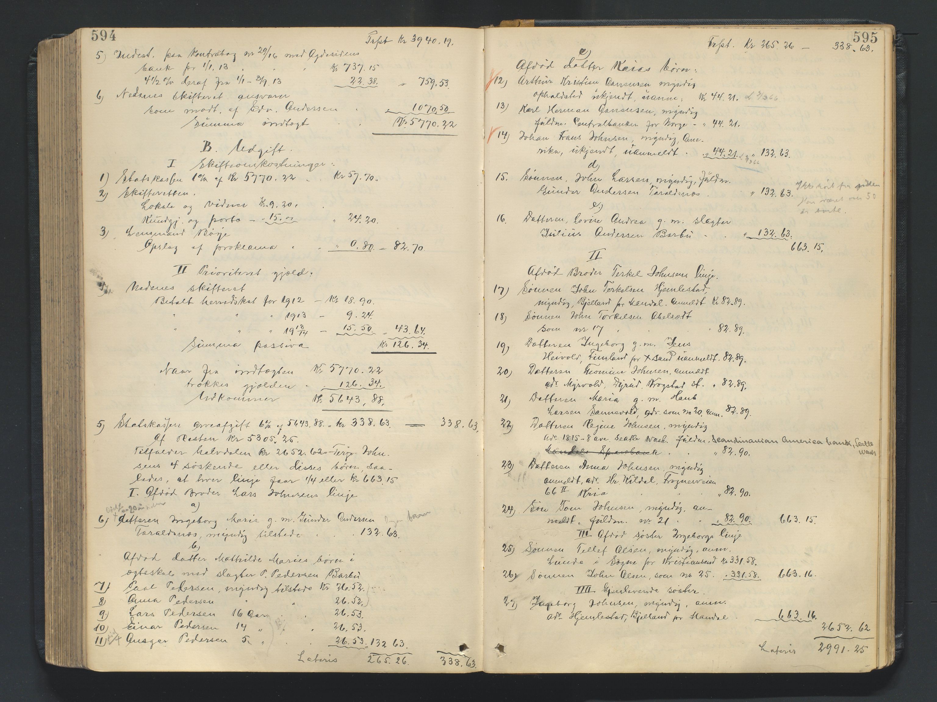 Nedenes sorenskriveri, AV/SAK-1221-0006/H/Hc/L0020: Skifteutlodningsprotokoll nr 6 med register, 1904-1913, p. 594-595