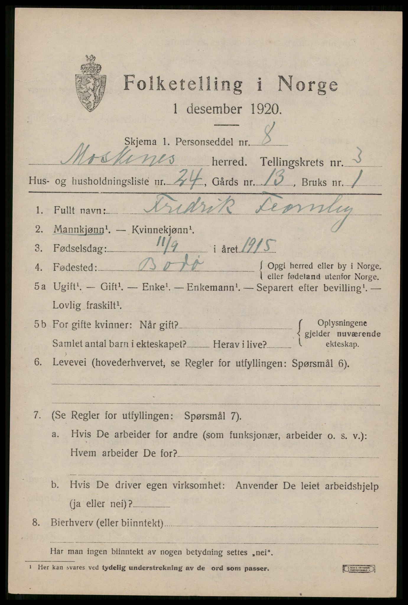 SAT, 1920 census for Moskenes, 1920, p. 1998