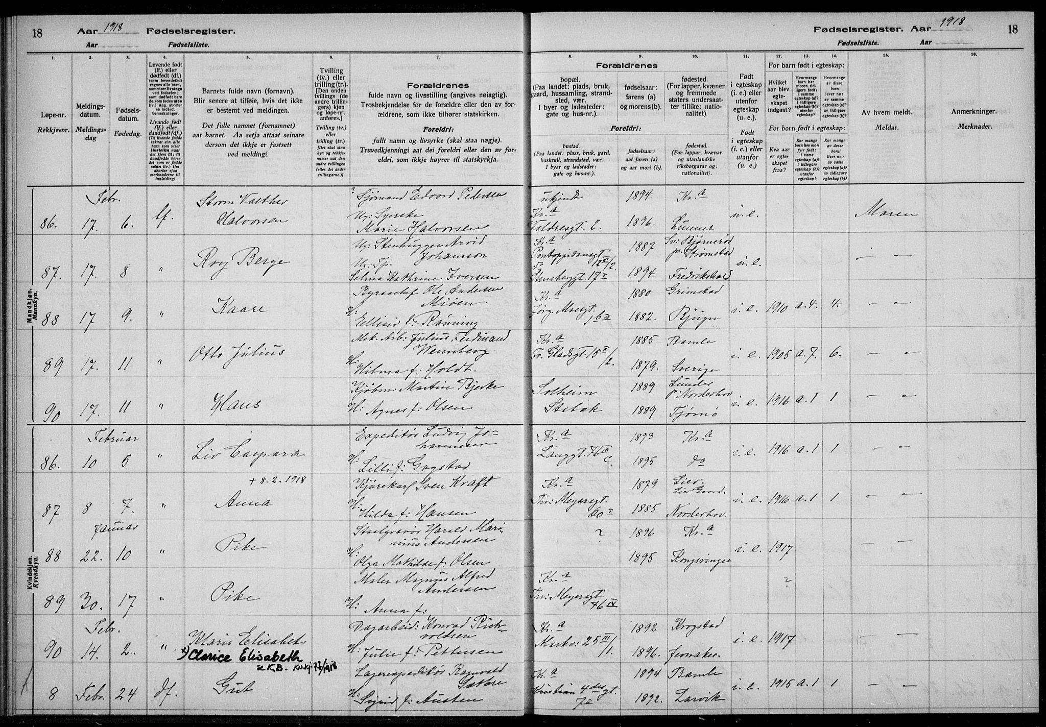 Rikshospitalet prestekontor Kirkebøker, AV/SAO-A-10309b/J/L0003: Birth register no. 3, 1918-1918, p. 18