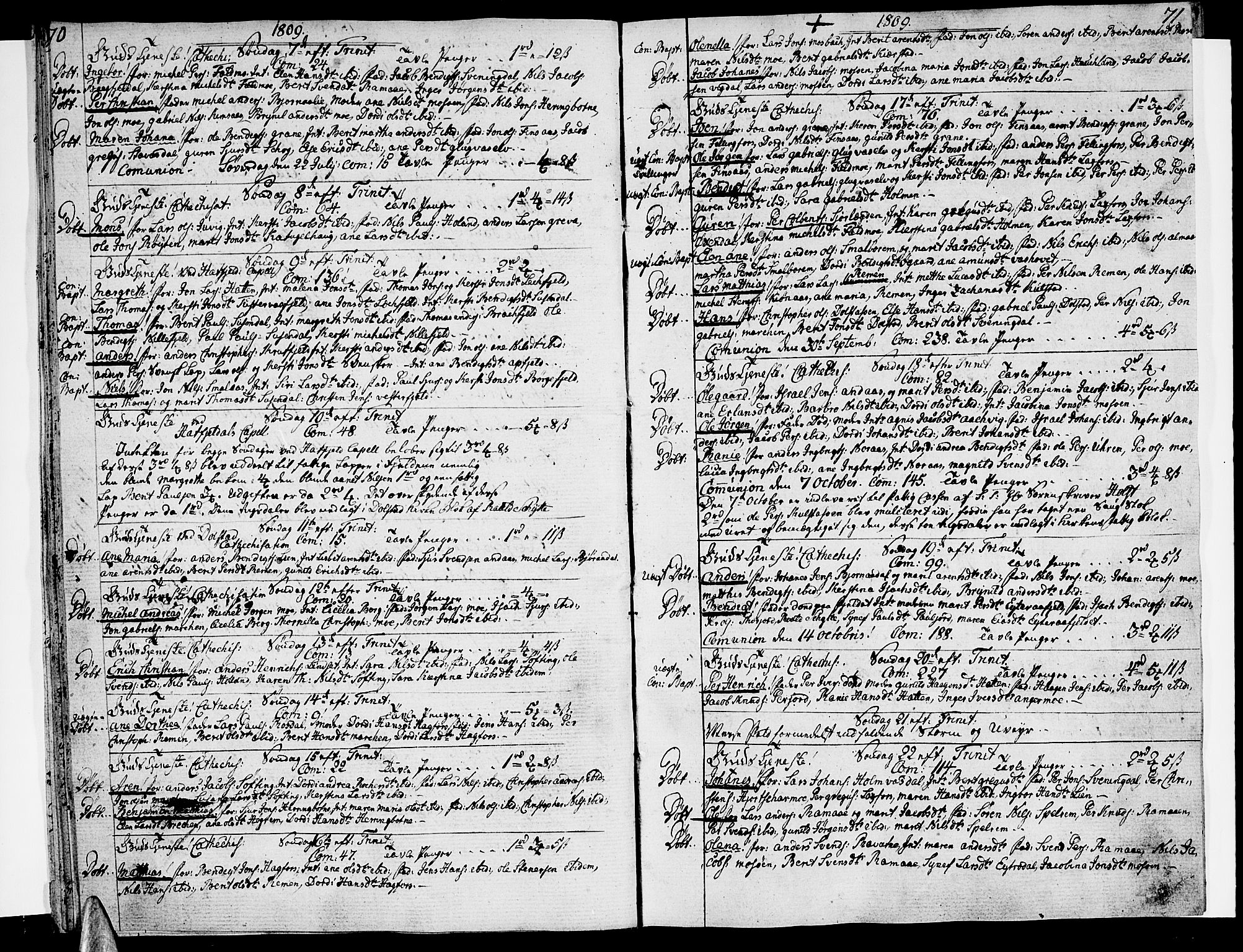 Ministerialprotokoller, klokkerbøker og fødselsregistre - Nordland, SAT/A-1459/820/L0287: Parish register (official) no. 820A08, 1800-1819, p. 70-71