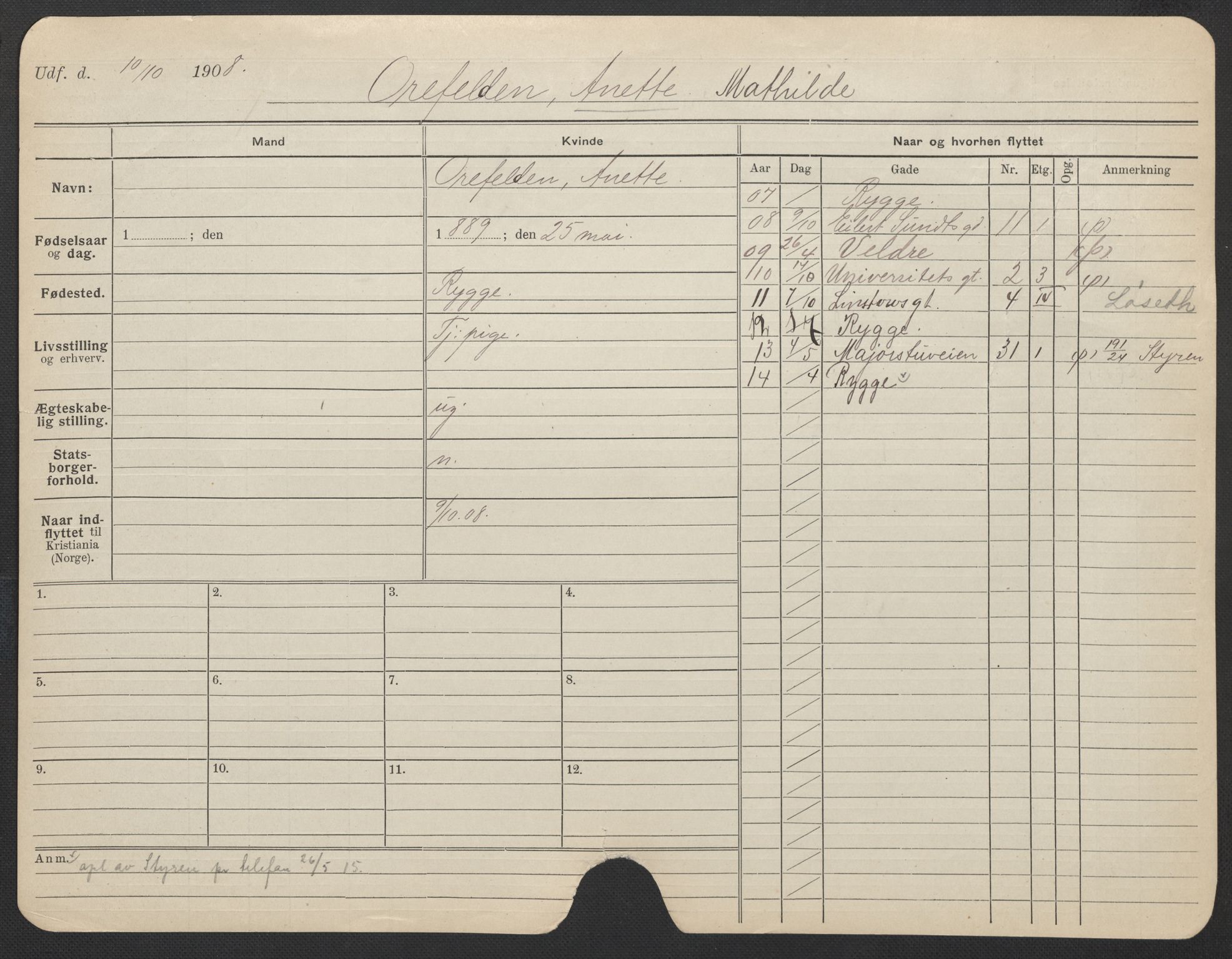 Oslo folkeregister, Registerkort, AV/SAO-A-11715/F/Fa/Fac/L0022: Kvinner, 1906-1914, p. 453a