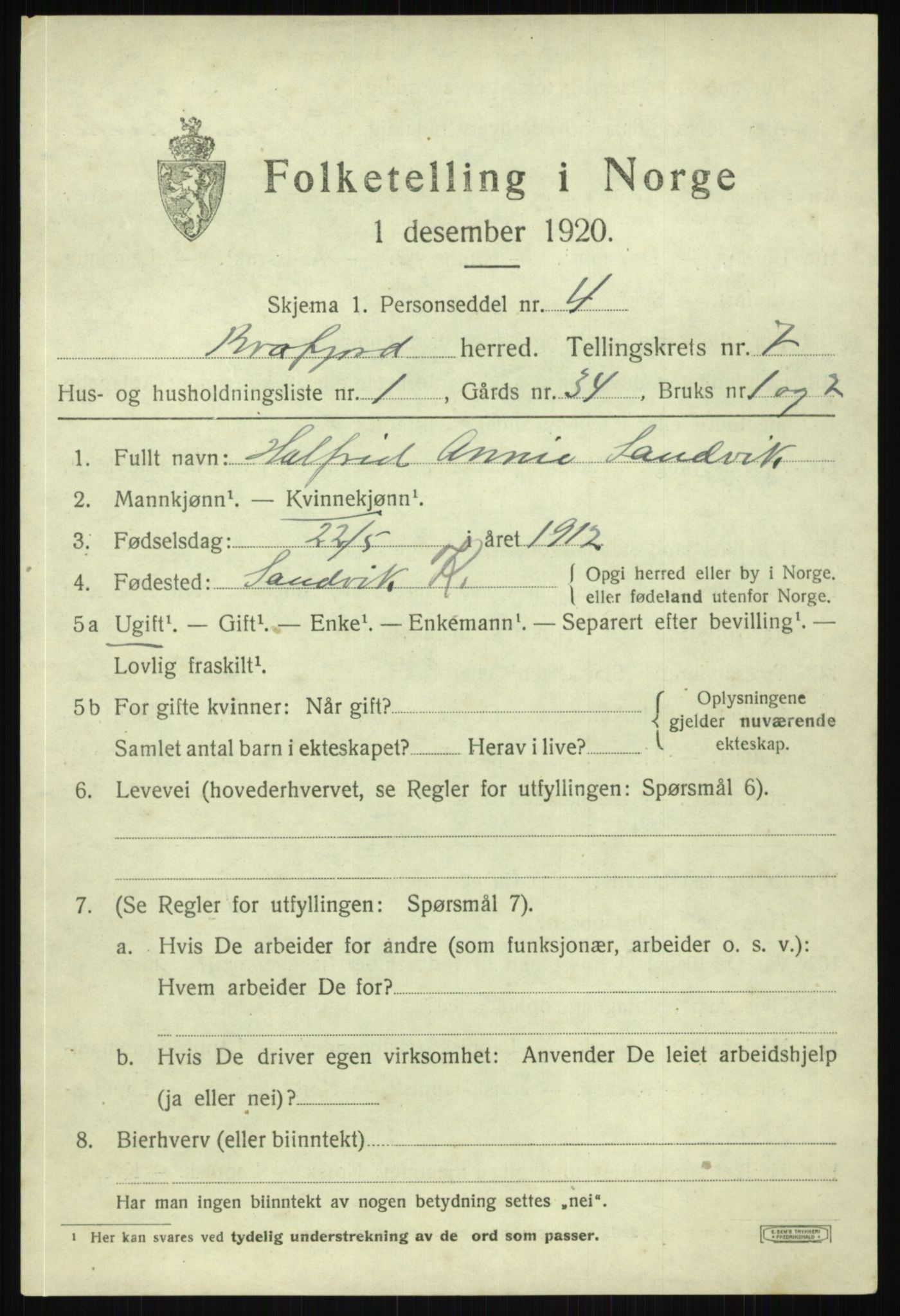 SATØ, 1920 census for Kvæfjord, 1920, p. 3469