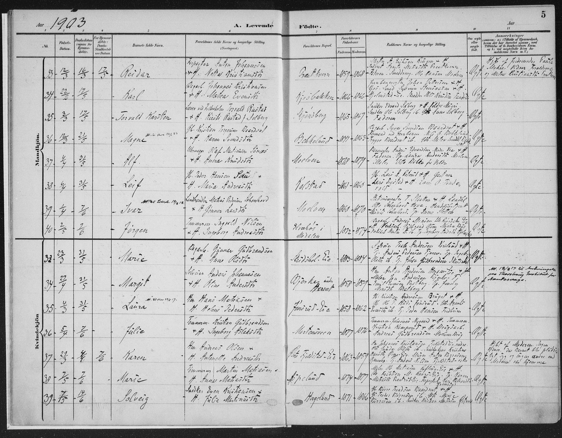 Ringsaker prestekontor, AV/SAH-PREST-014/K/Ka/L0018: Parish register (official) no. 18, 1903-1912, p. 5