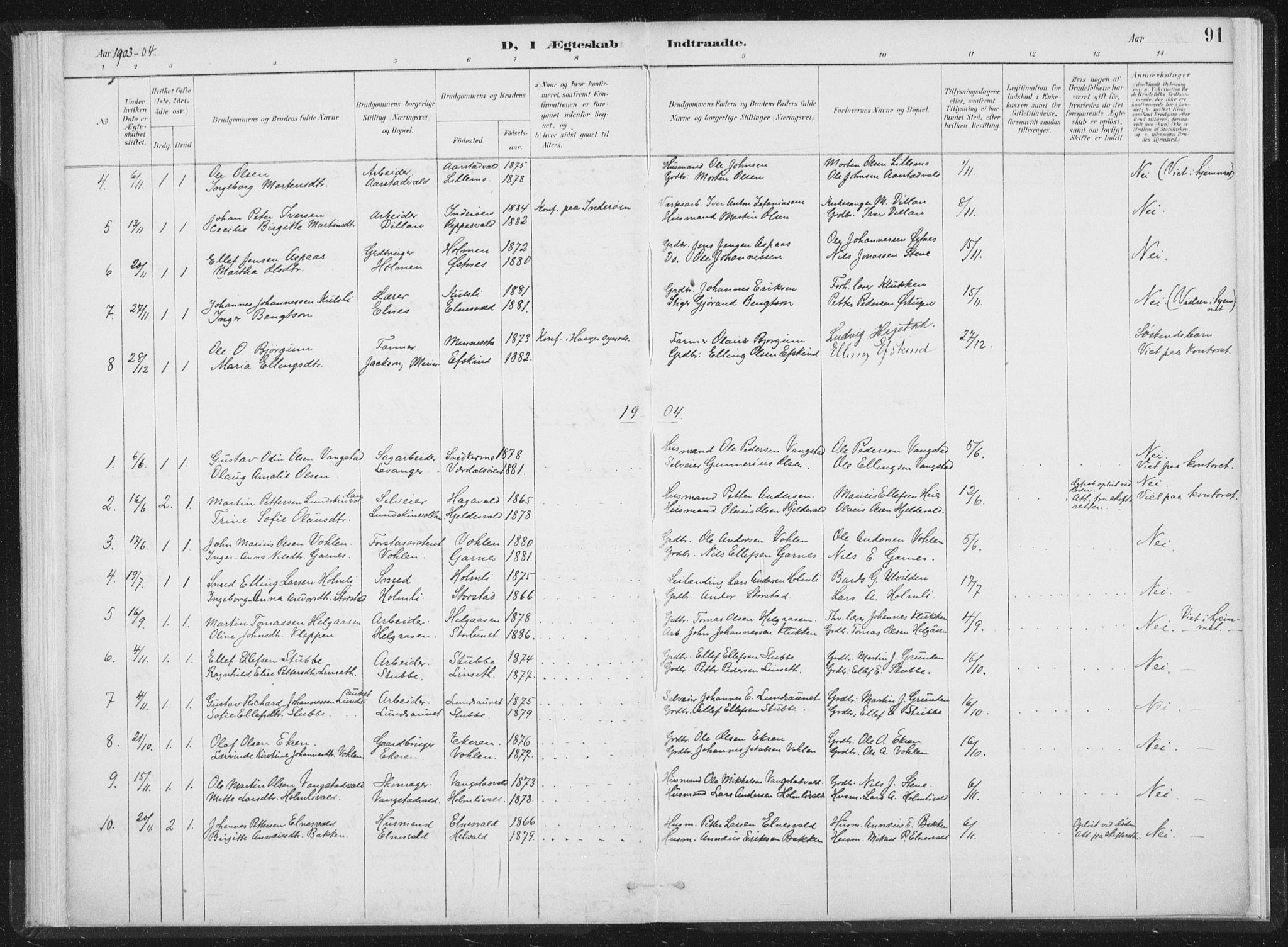 Ministerialprotokoller, klokkerbøker og fødselsregistre - Nord-Trøndelag, SAT/A-1458/724/L0263: Parish register (official) no. 724A01, 1891-1907, p. 91