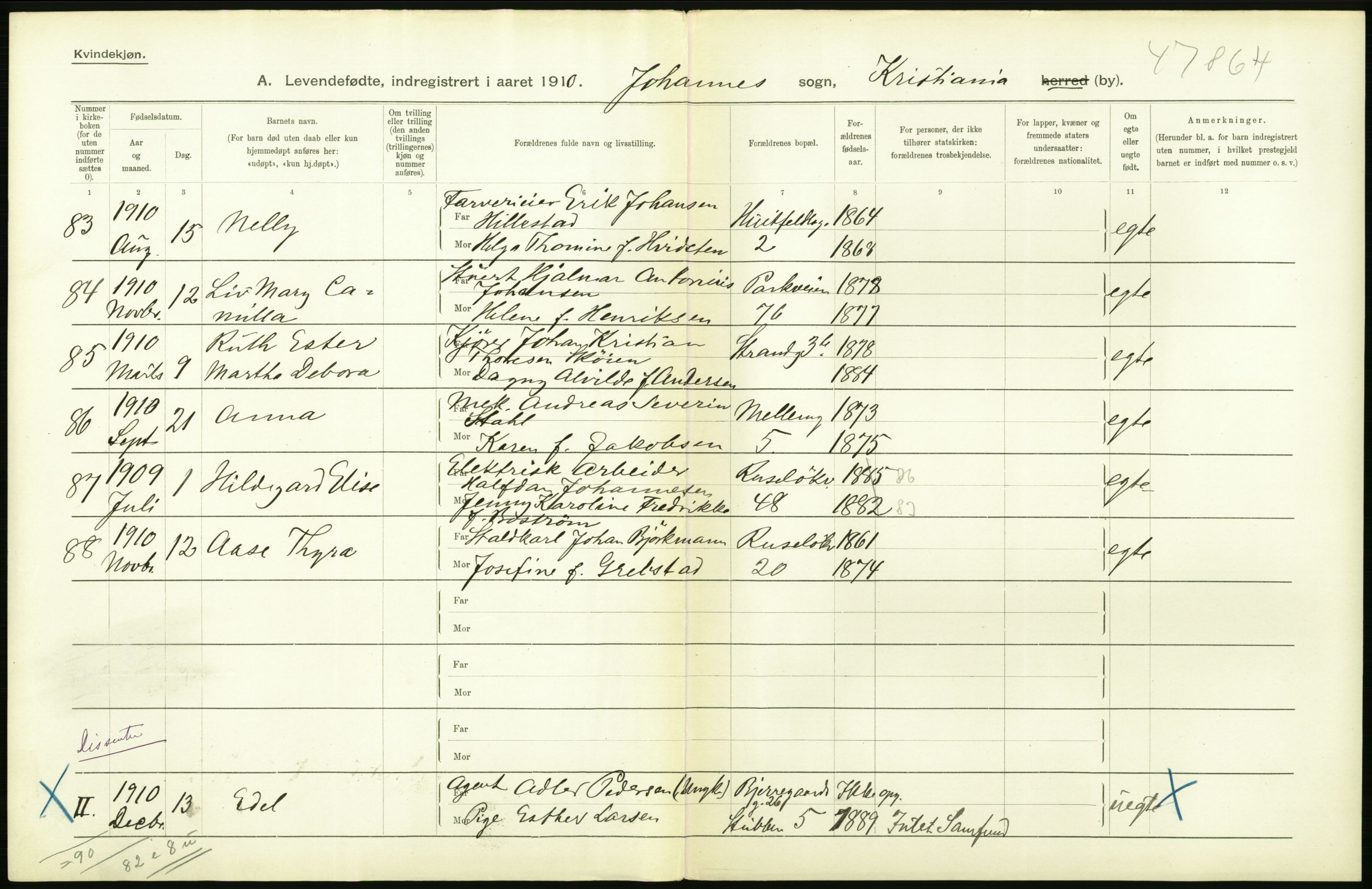 Statistisk sentralbyrå, Sosiodemografiske emner, Befolkning, RA/S-2228/D/Df/Dfa/Dfah/L0007: Kristiania: Levendefødte kvinner., 1910, p. 232