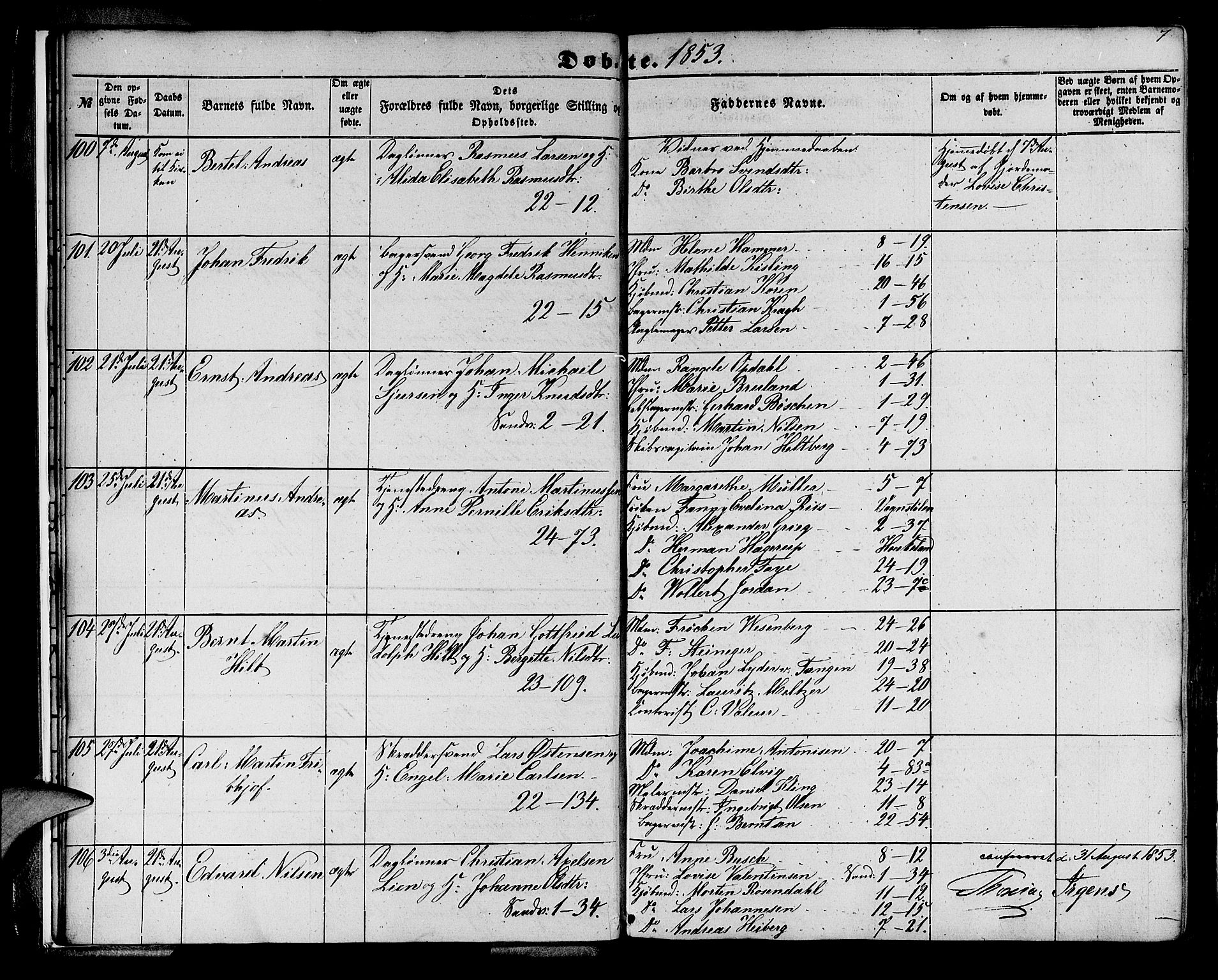 Korskirken sokneprestembete, AV/SAB-A-76101/H/Hab: Parish register (copy) no. B 3, 1853-1858, p. 7