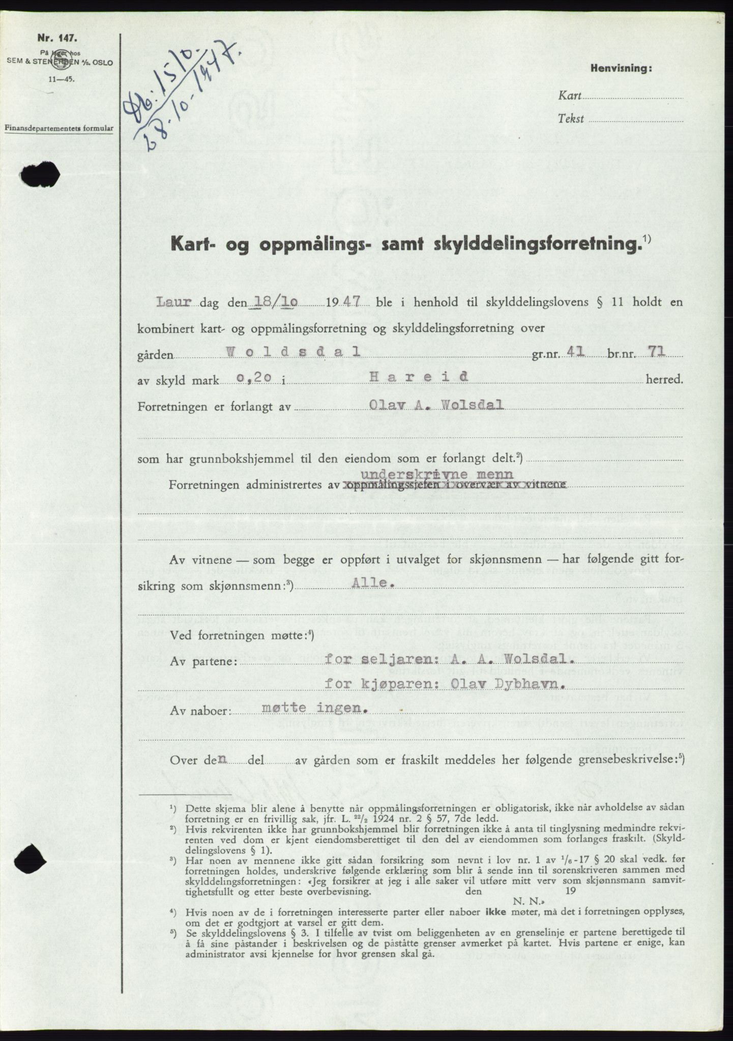 Søre Sunnmøre sorenskriveri, AV/SAT-A-4122/1/2/2C/L0081: Mortgage book no. 7A, 1947-1948, Diary no: : 1510/1947