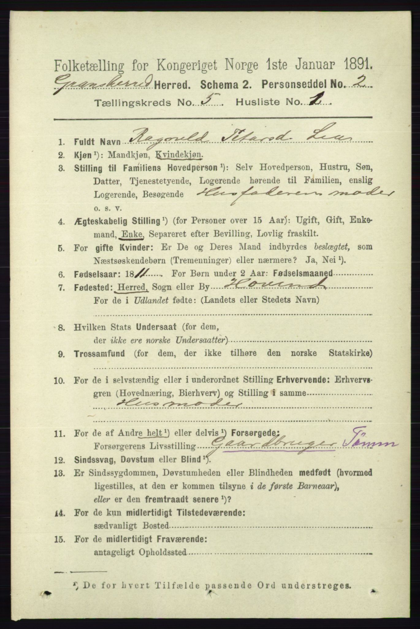 RA, 1891 census for 0824 Gransherad, 1891, p. 852