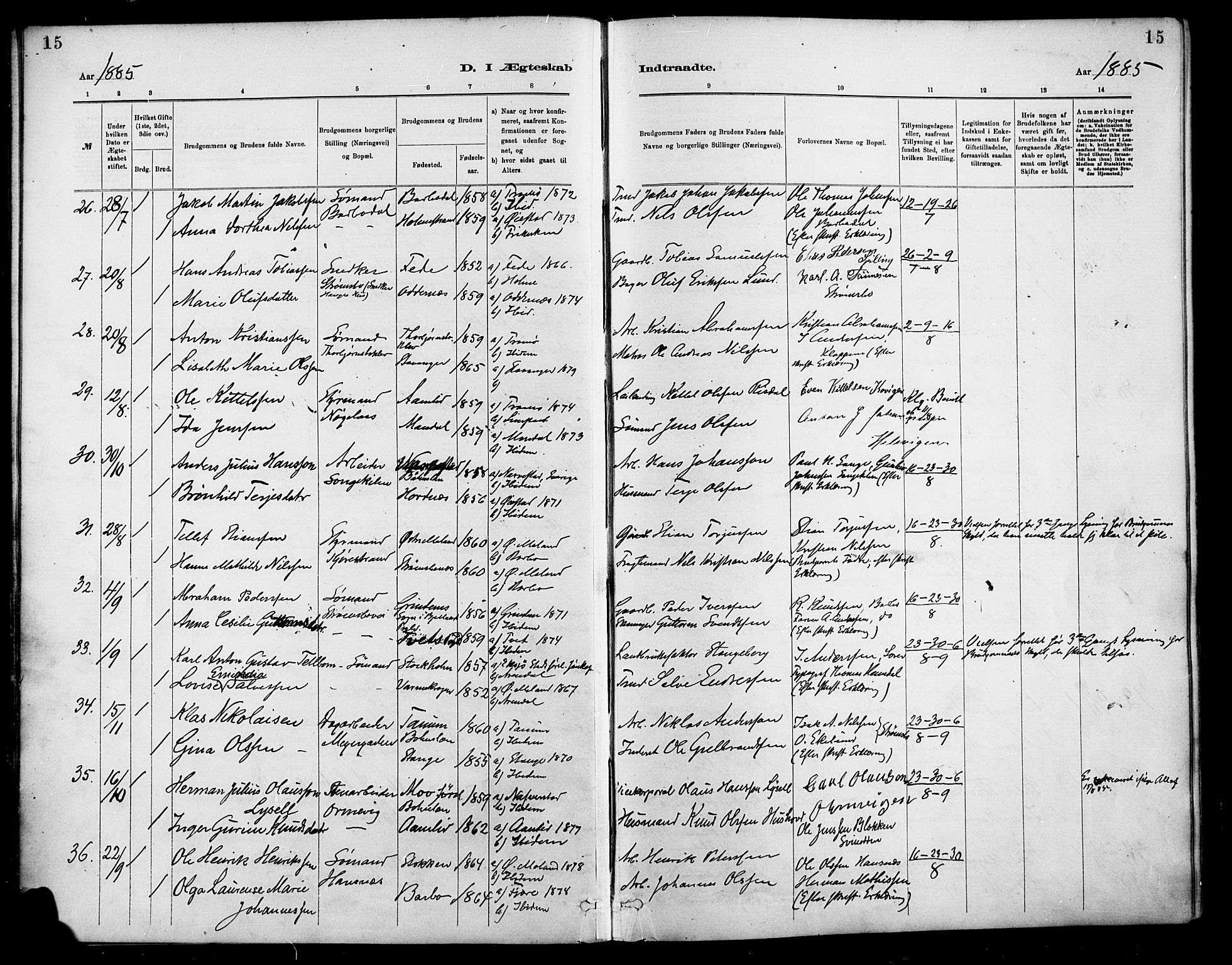 Barbu sokneprestkontor, AV/SAK-1111-0003/F/Fa/L0003: Parish register (official) no. A 3, 1883-1898, p. 15