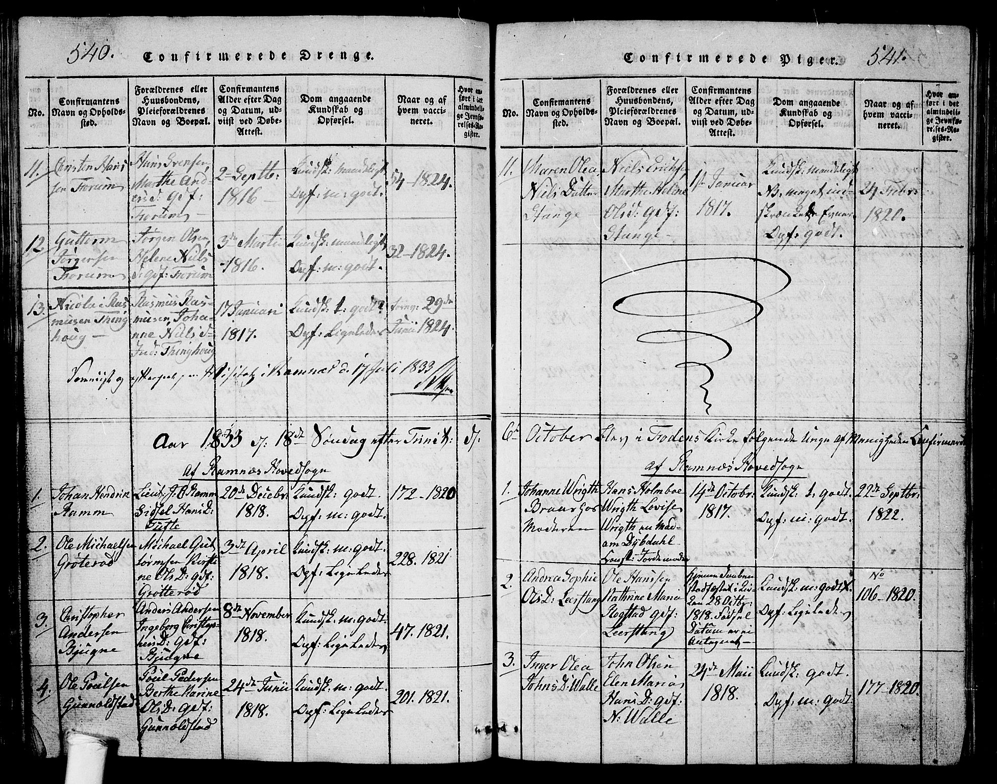 Ramnes kirkebøker, AV/SAKO-A-314/G/Ga/L0001: Parish register (copy) no. I 1, 1813-1847, p. 540-541