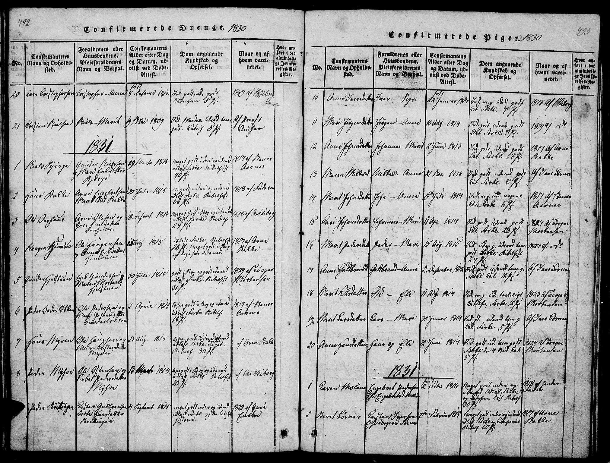 Ringebu prestekontor, SAH/PREST-082/H/Ha/Hab/L0001: Parish register (copy) no. 1, 1821-1839, p. 492-493