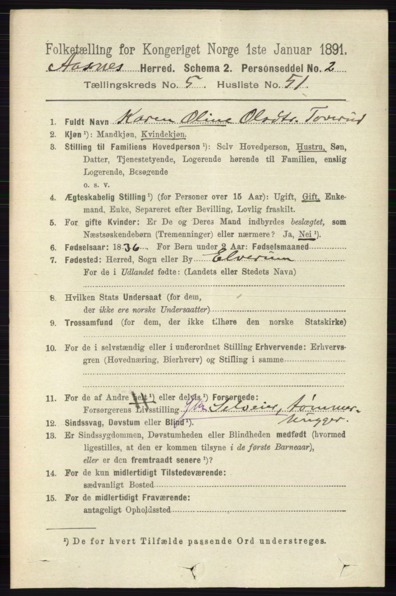 RA, 1891 census for 0425 Åsnes, 1891, p. 2703