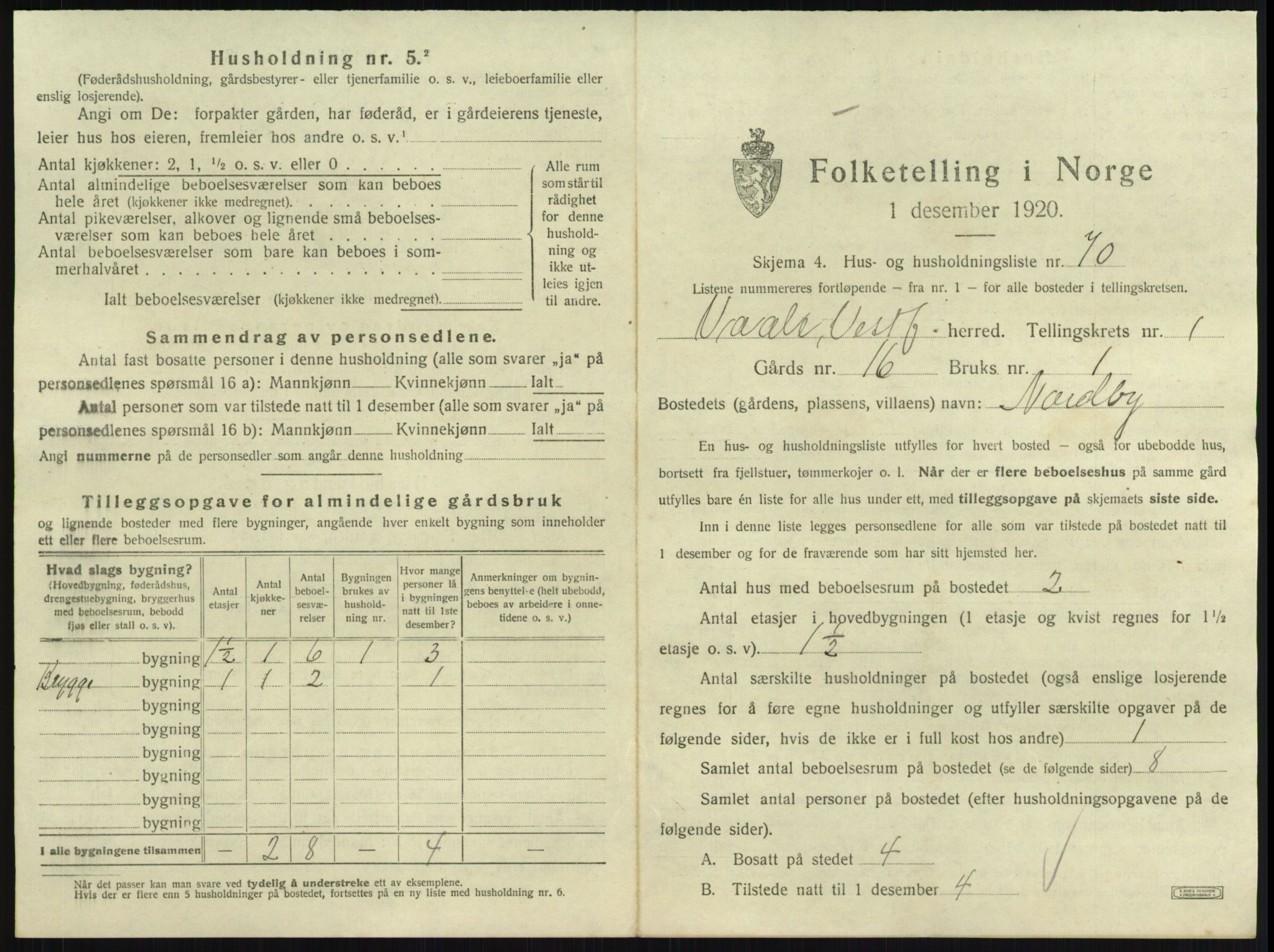 SAKO, 1920 census for Våle, 1920, p. 185