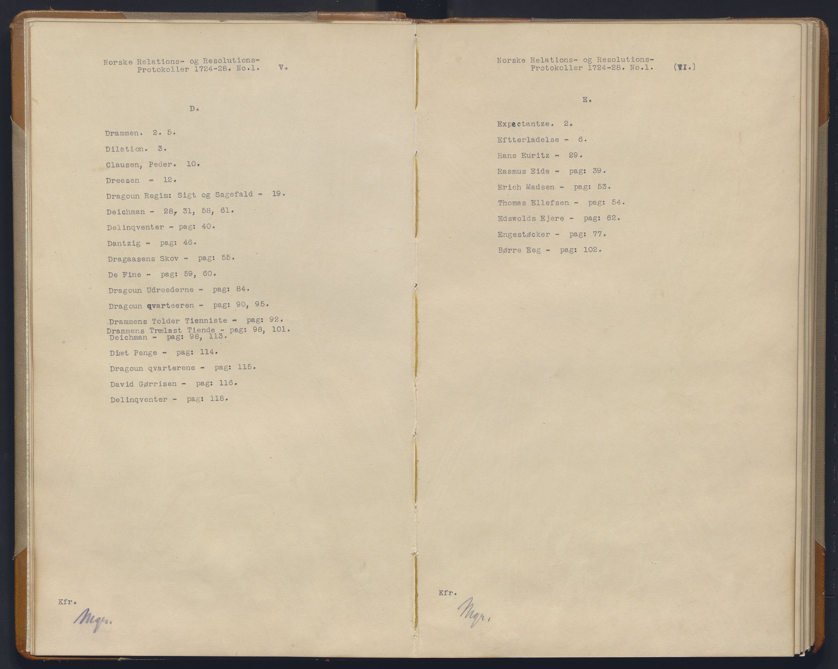 Avskriftsamlingen, AV/RA-EA-4022/F/Fb/L0115: Registratur over norske Relasjons- og resolusjonsprotkoller, 1724-1728, p. 7