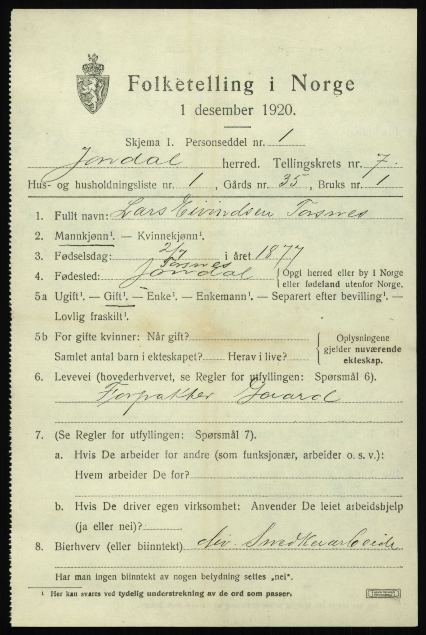 SAB, 1920 census for Jondal, 1920, p. 3756