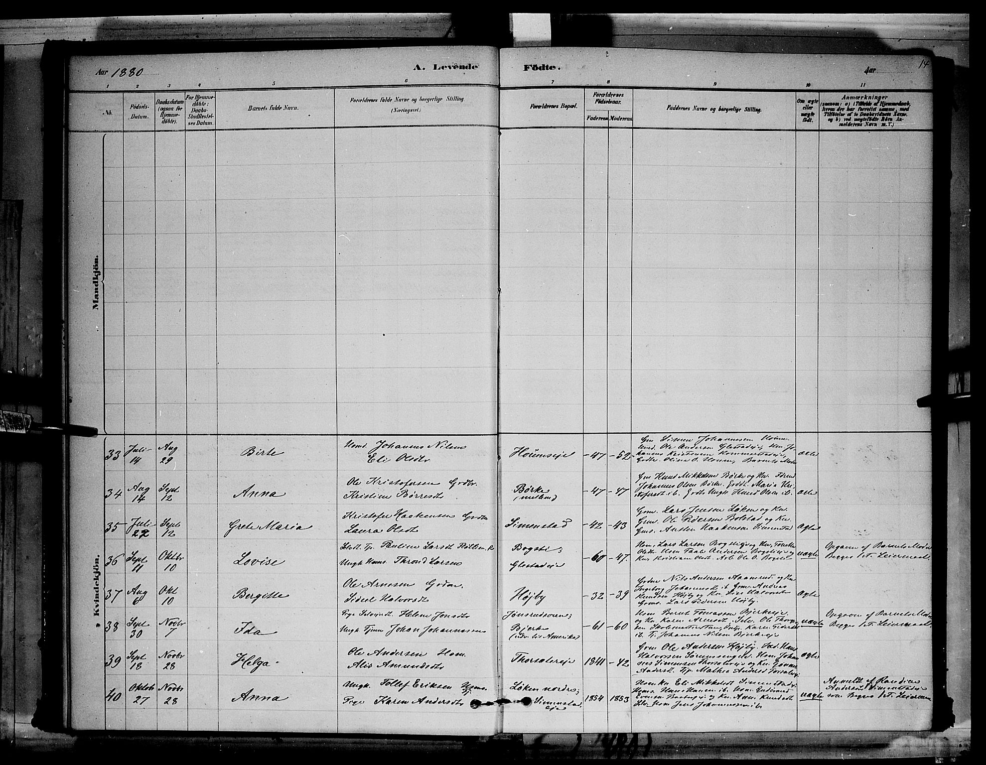 Ringsaker prestekontor, AV/SAH-PREST-014/L/La/L0011: Parish register (copy) no. 11, 1879-1890, p. 14