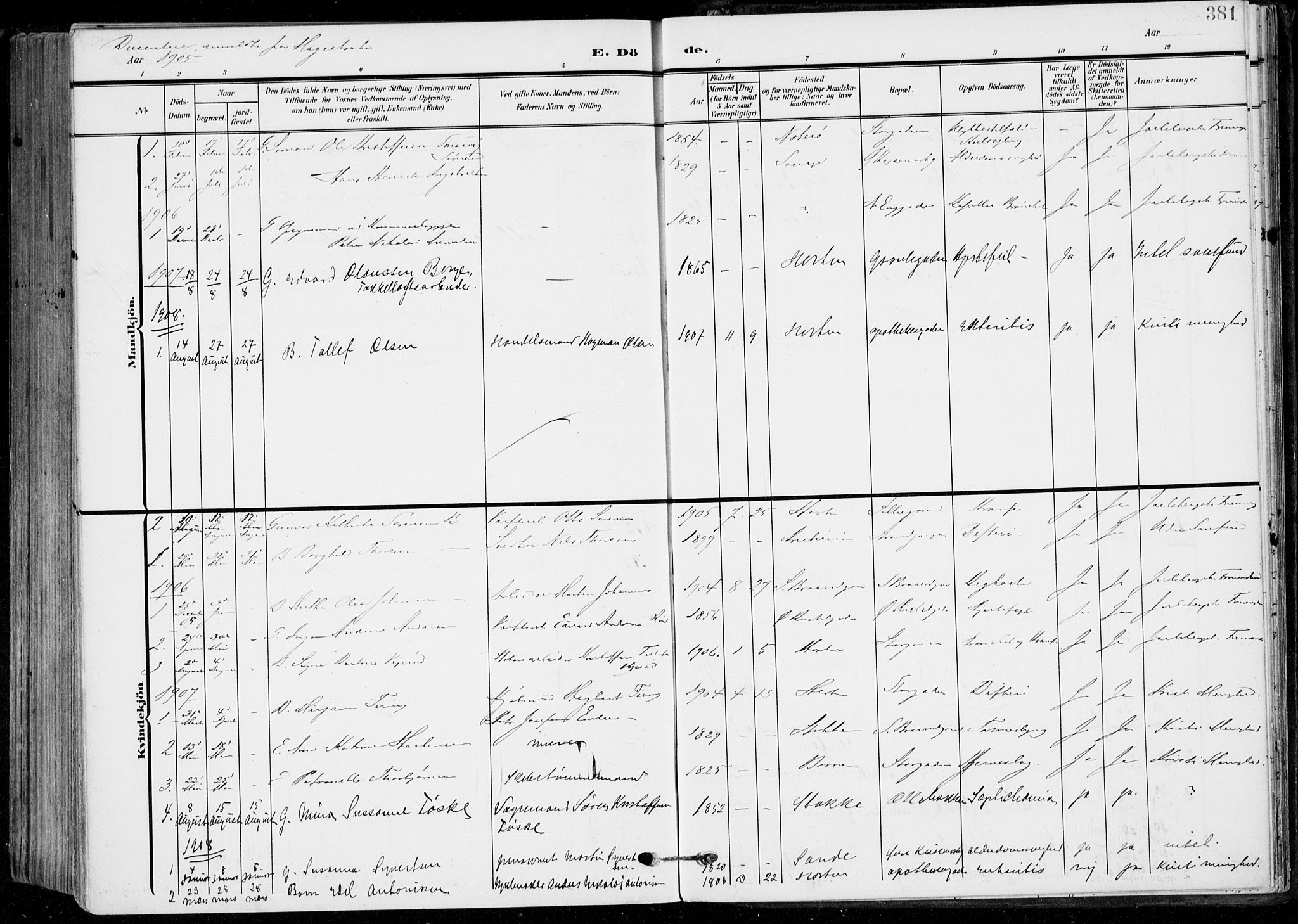 Horten kirkebøker, AV/SAKO-A-348/F/Fa/L0006: Parish register (official) no. 6, 1905-1912, p. 381