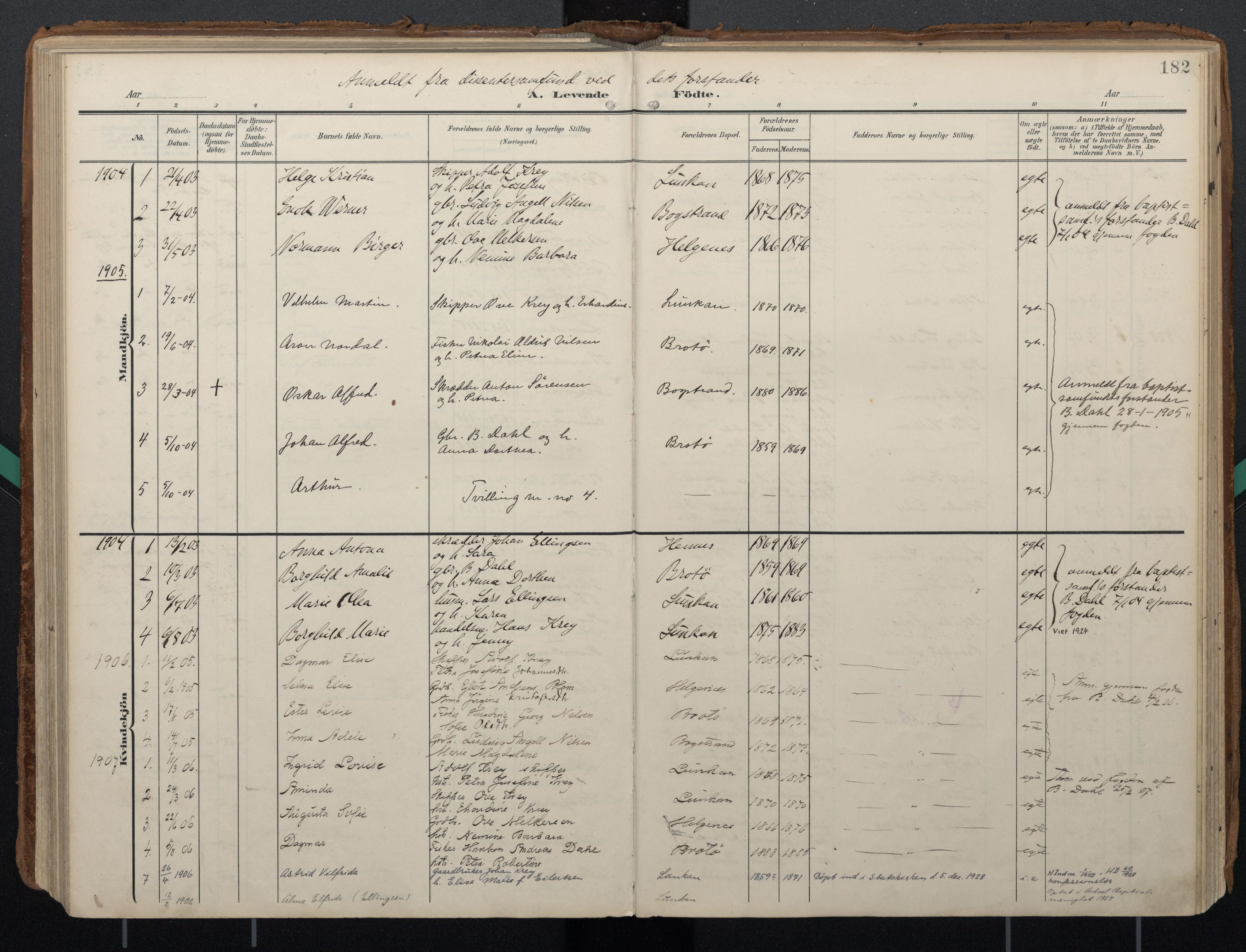 Ministerialprotokoller, klokkerbøker og fødselsregistre - Nordland, AV/SAT-A-1459/888/L1248: Parish register (official) no. 888A14, 1904-1913, p. 182