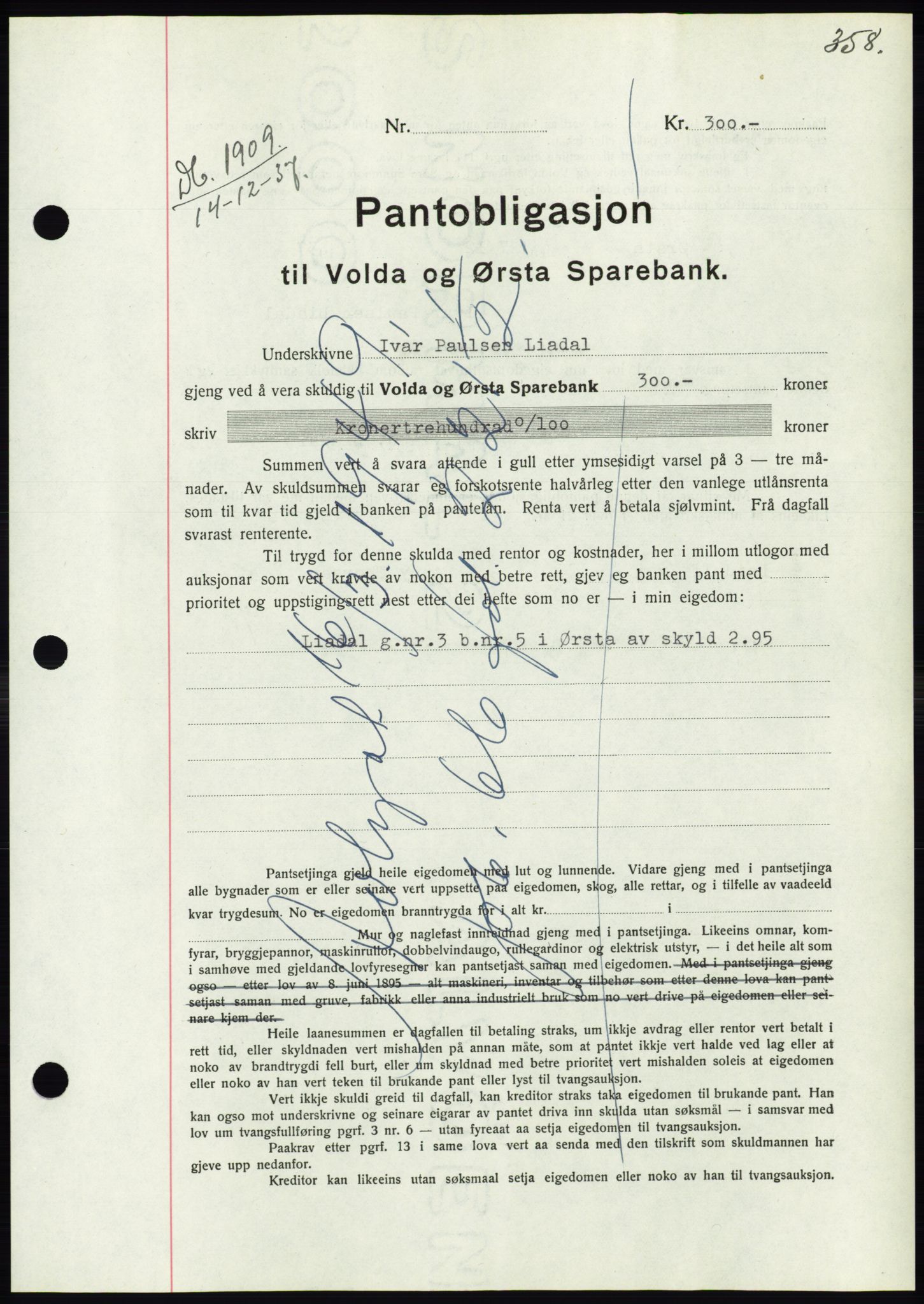 Søre Sunnmøre sorenskriveri, AV/SAT-A-4122/1/2/2C/L0064: Mortgage book no. 58, 1937-1938, Diary no: : 1909/1937