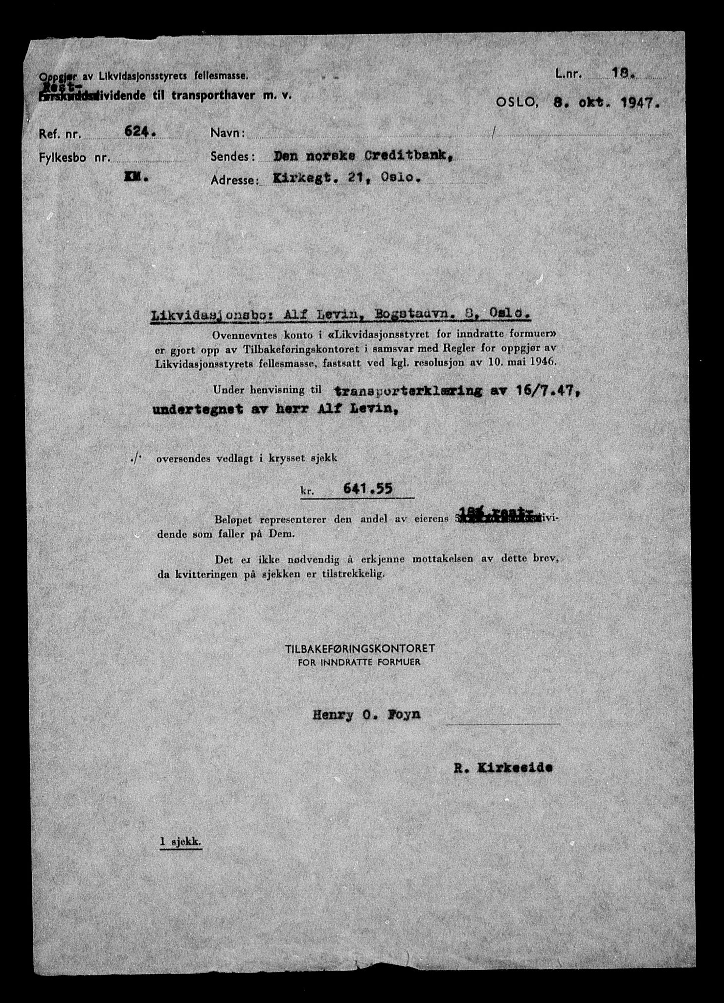 Justisdepartementet, Tilbakeføringskontoret for inndratte formuer, AV/RA-S-1564/H/Hc/Hcc/L0957: --, 1945-1947, p. 11