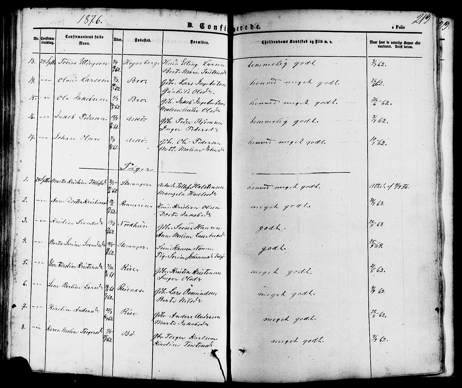 Rennesøy sokneprestkontor, AV/SAST-A -101827/H/Ha/Haa/L0006: Parish register (official) no. A 6, 1860-1878, p. 213