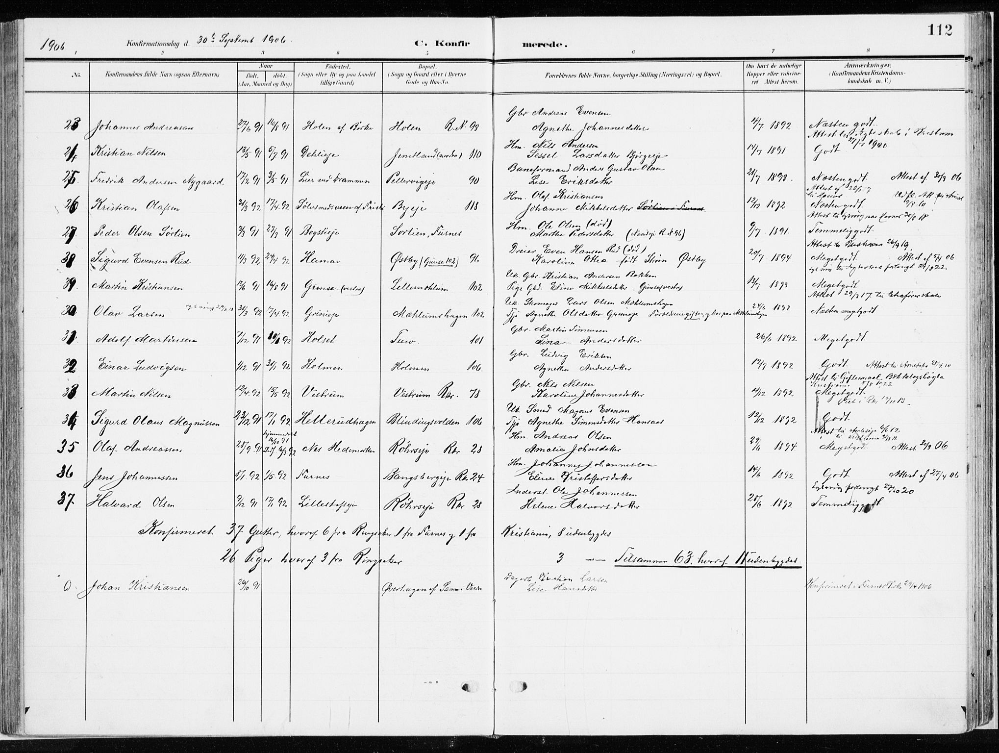 Ringsaker prestekontor, SAH/PREST-014/K/Ka/L0019: Parish register (official) no. 19, 1905-1920, p. 112