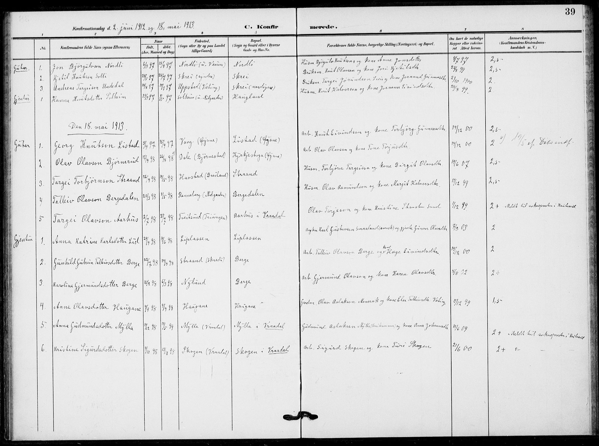 Fyresdal kirkebøker, AV/SAKO-A-263/F/Fb/L0004: Parish register (official) no. II 4, 1903-1920, p. 39