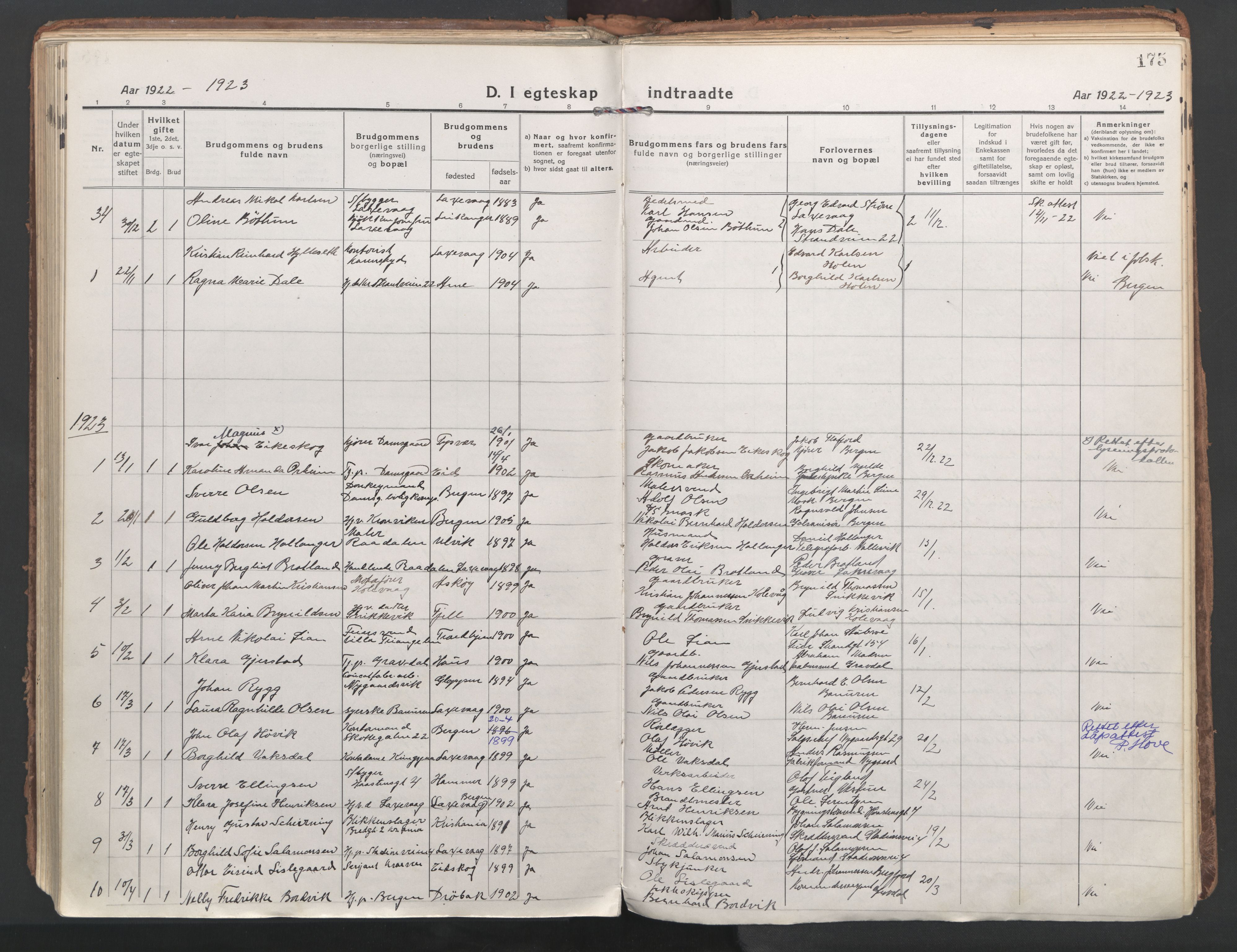 Laksevåg Sokneprestembete, AV/SAB-A-76501/H/Ha/Haa/Haaa/L0002: Parish register (official) no. A 2, 1917-1927, p. 175