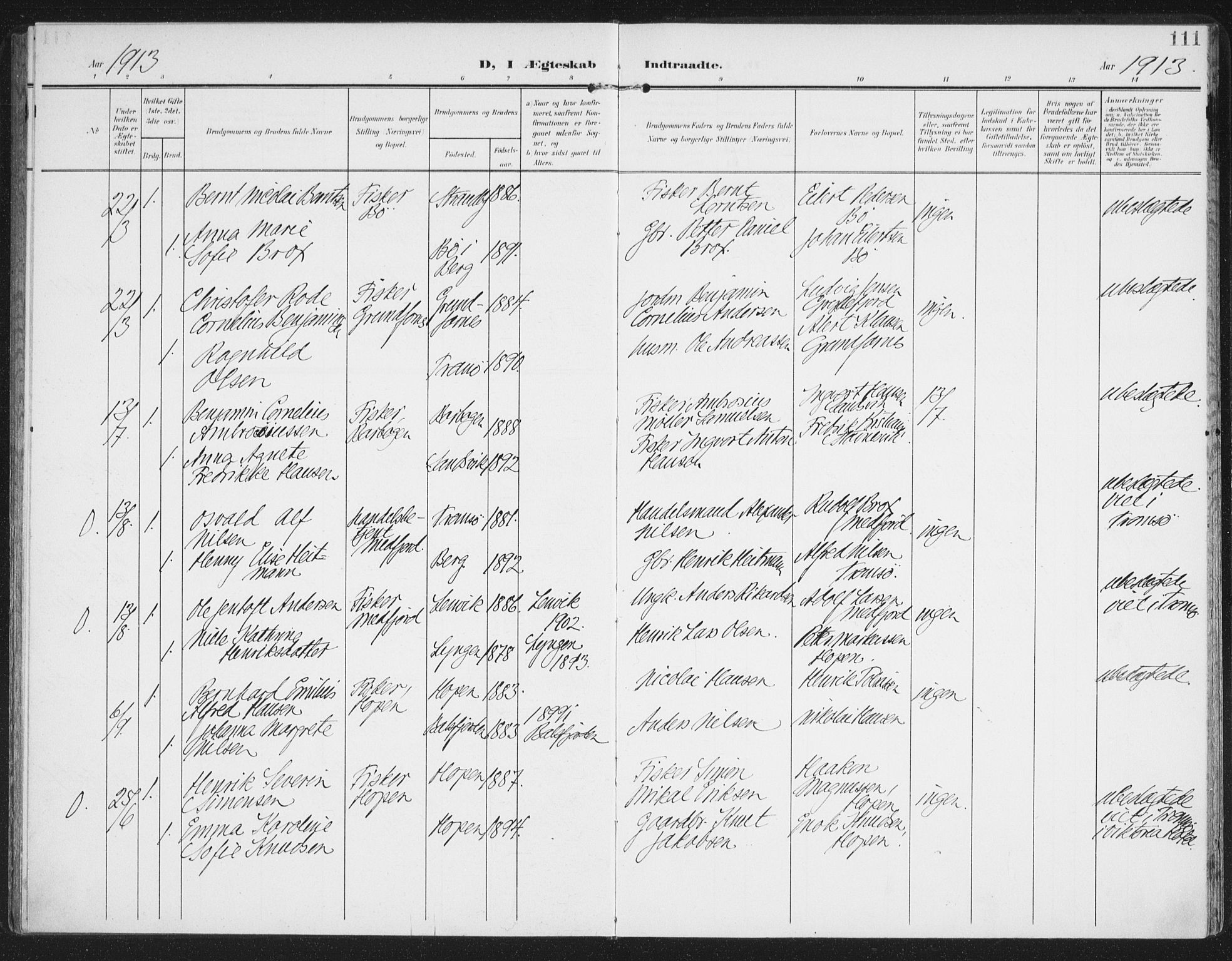 Berg sokneprestkontor, AV/SATØ-S-1318/G/Ga/Gaa/L0007kirke: Parish register (official) no. 7, 1906-1915, p. 111