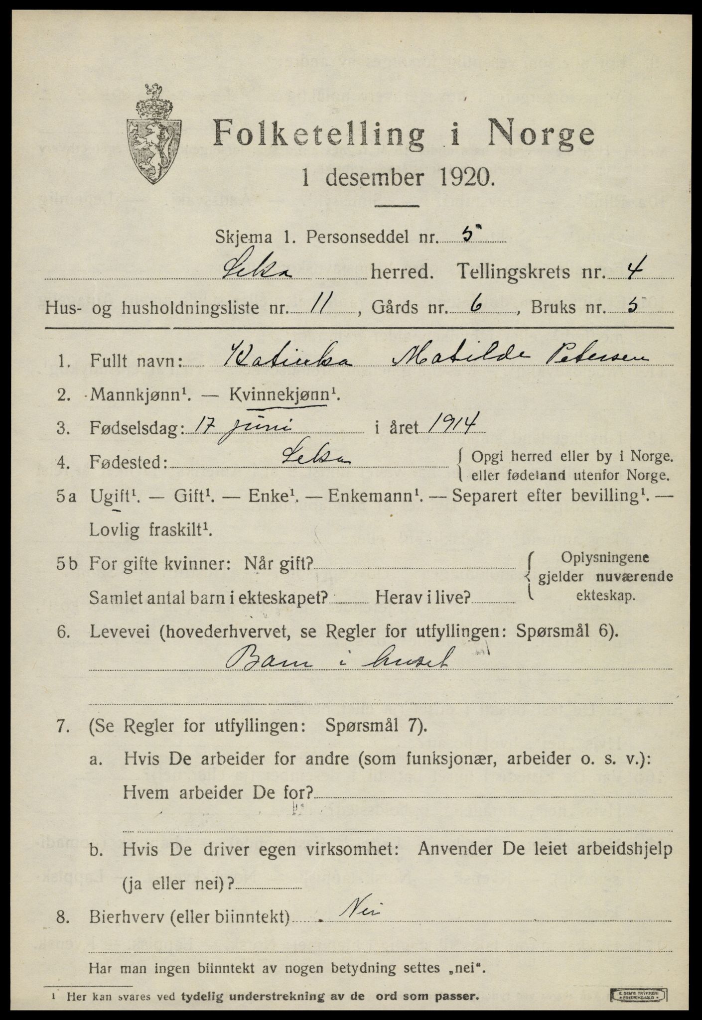 SAT, 1920 census for Leka, 1920, p. 1733