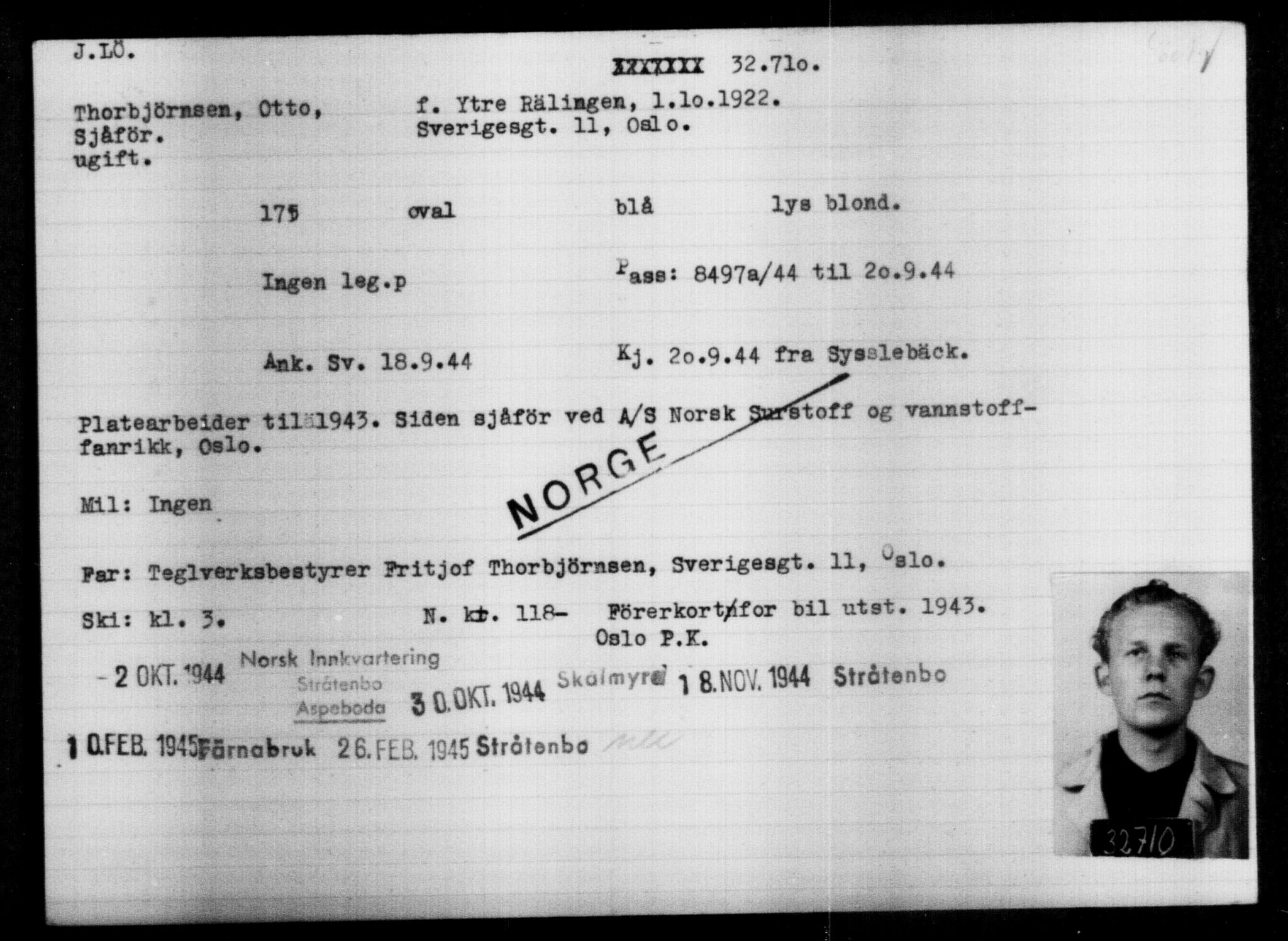 Utenriksstasjonene, Legasjonen i Stockholm, Flyktningkontoret, AV/RA-S-6753/V/Va/L0013: Kjesäterkartoteket, flyktninger med registreringsnr. 31500-34731, 1940-1945, p. 1272