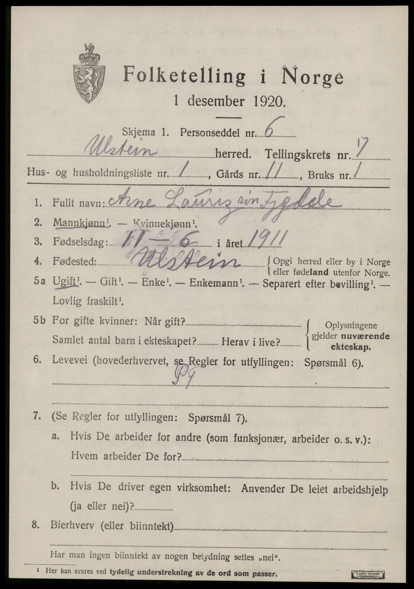 SAT, 1920 census for Ulstein, 1920, p. 4102