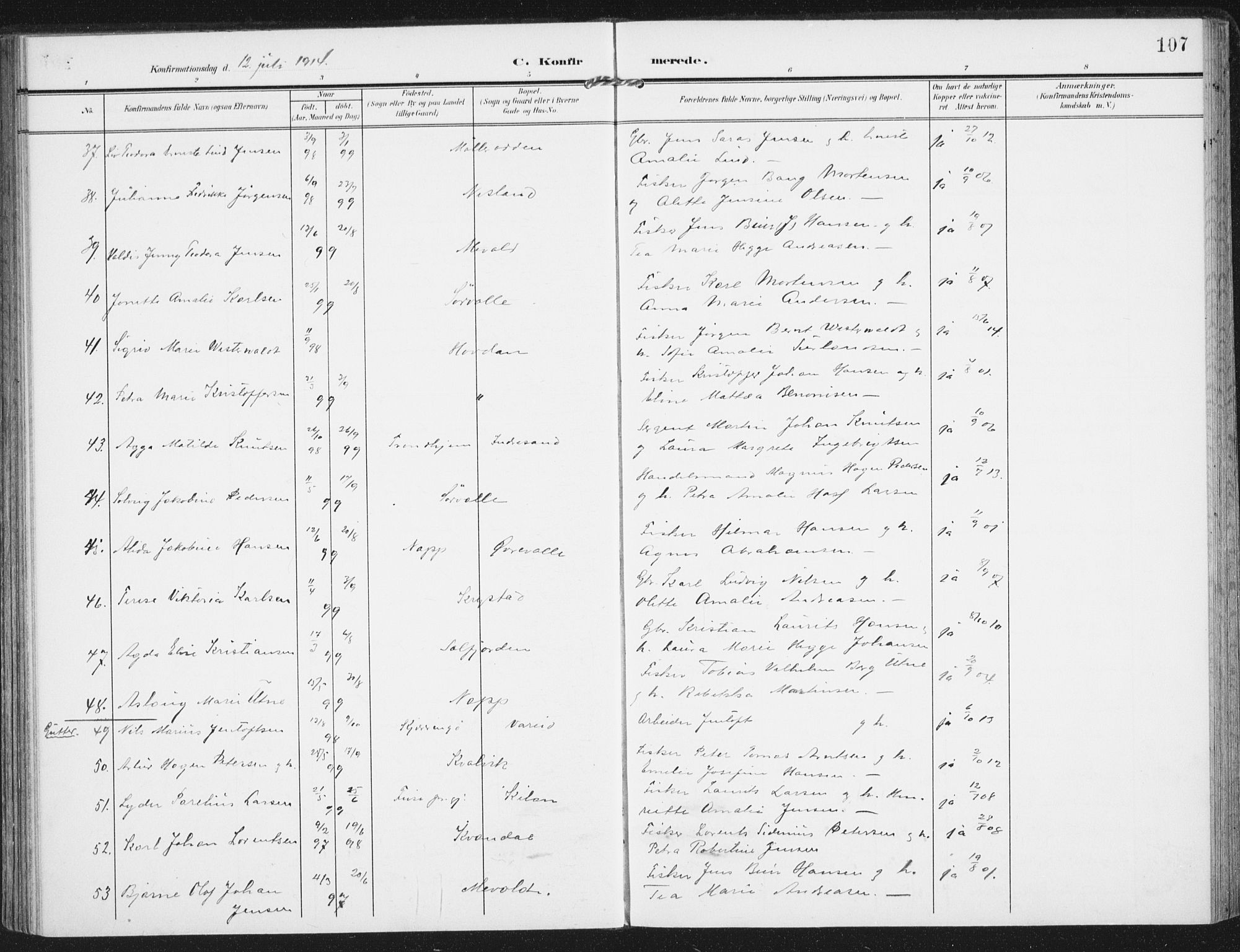 Ministerialprotokoller, klokkerbøker og fødselsregistre - Nordland, SAT/A-1459/885/L1206: Parish register (official) no. 885A07, 1905-1915, p. 107