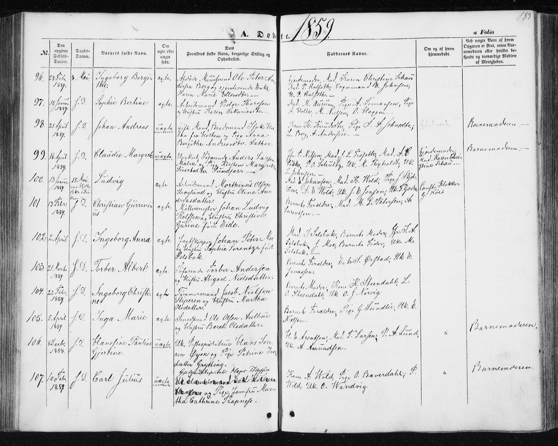 Ministerialprotokoller, klokkerbøker og fødselsregistre - Sør-Trøndelag, SAT/A-1456/602/L0112: Parish register (official) no. 602A10, 1848-1859, p. 183